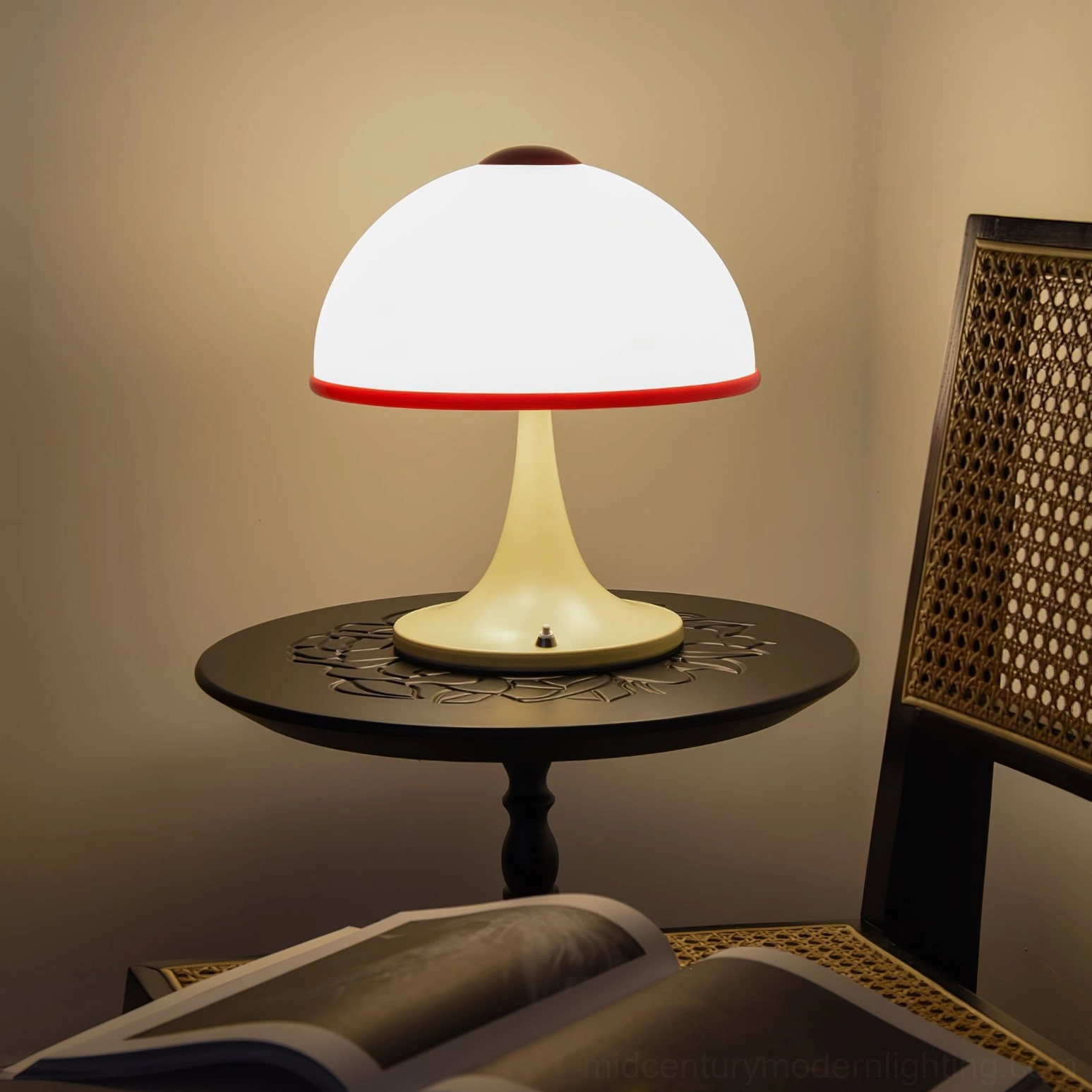 Opaline mushroom lamp in reading corner with rattan chair, warm ambient lighting