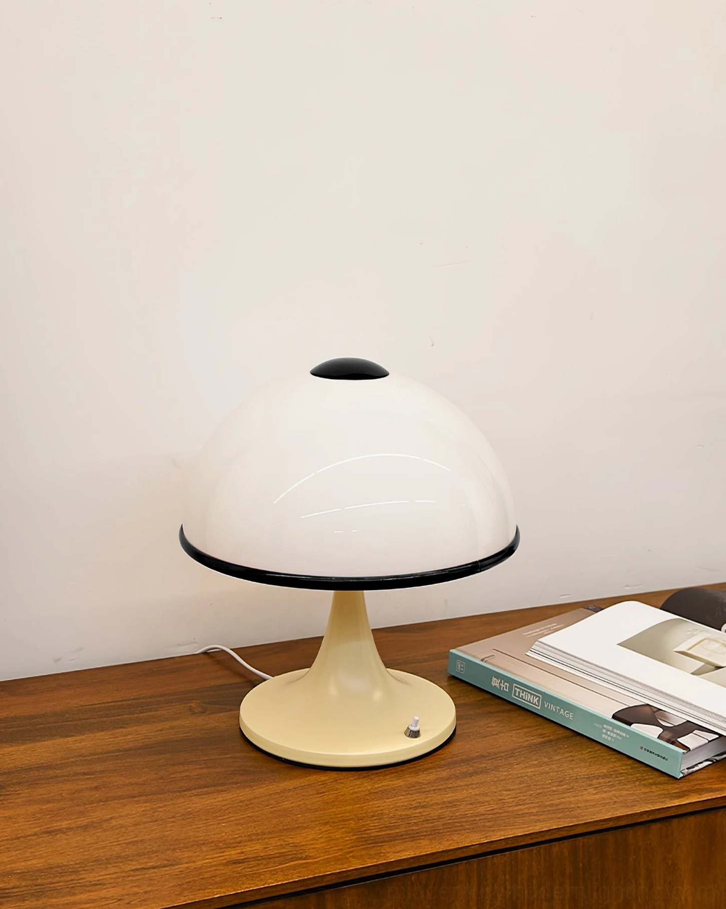 Vintage mushroom table lamp with red and white trim, nostalgic design accent
