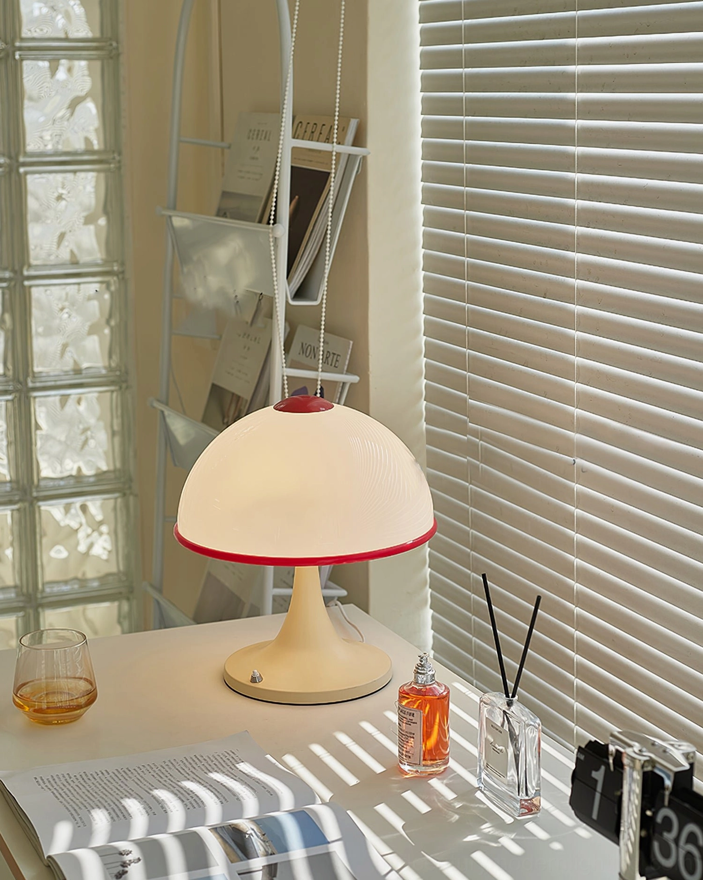 Vintage mushroom lamp cream white finish, sculptural dome-shaped shade