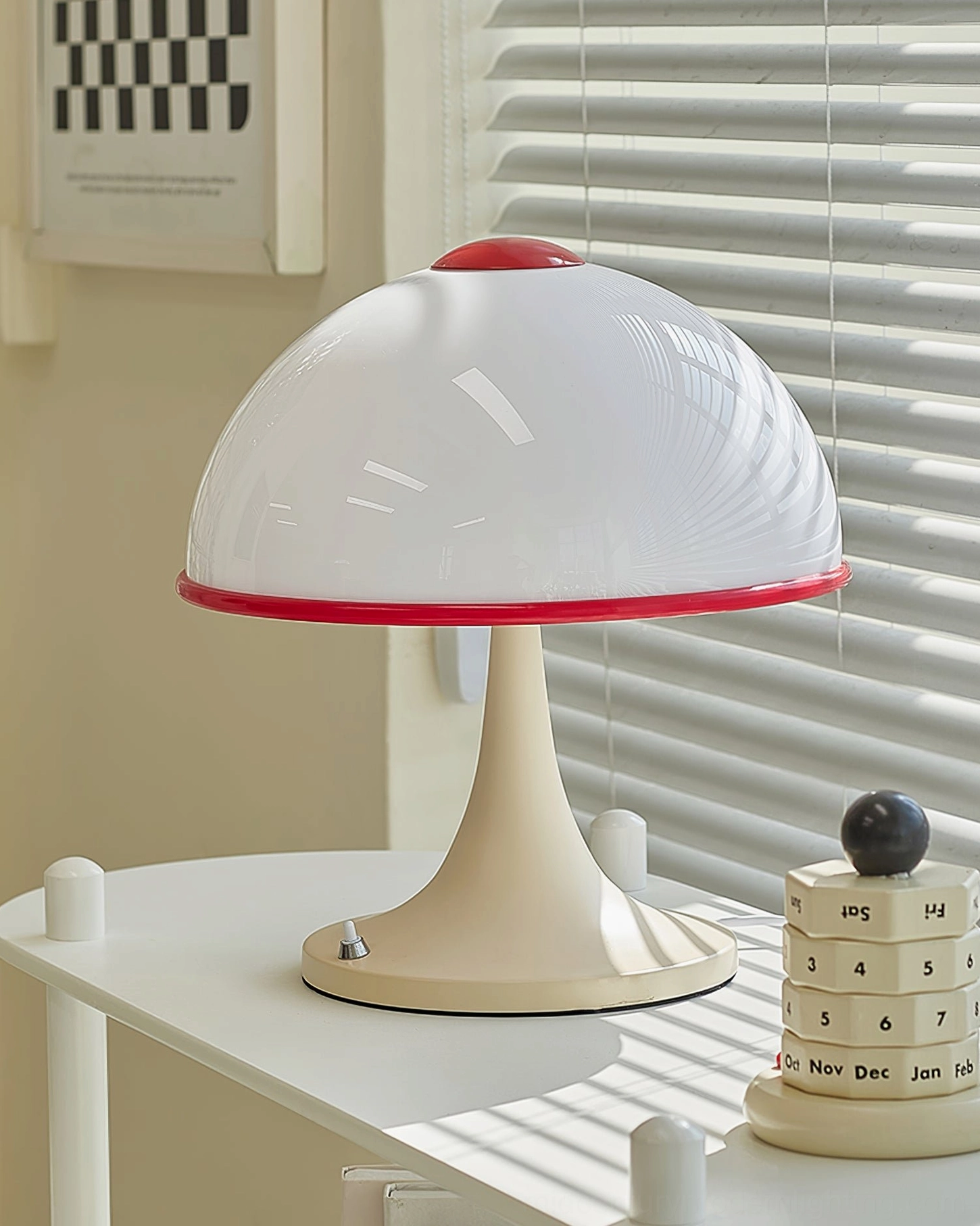 1970s mushroom table lamp on side table with calendar decor, opaline diffuser detail