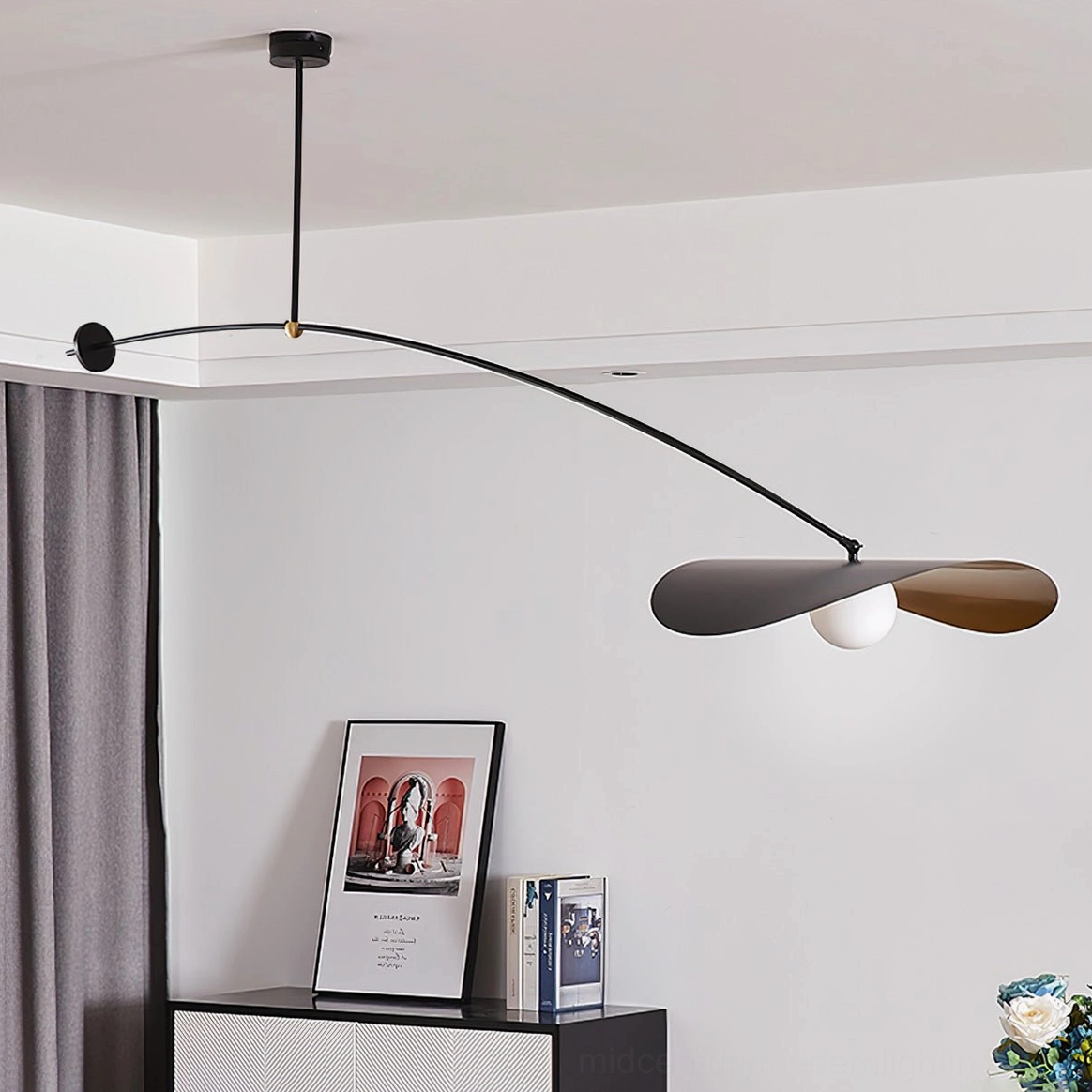 Myrna arc pendant light with sliding counterweight system, functional design detail