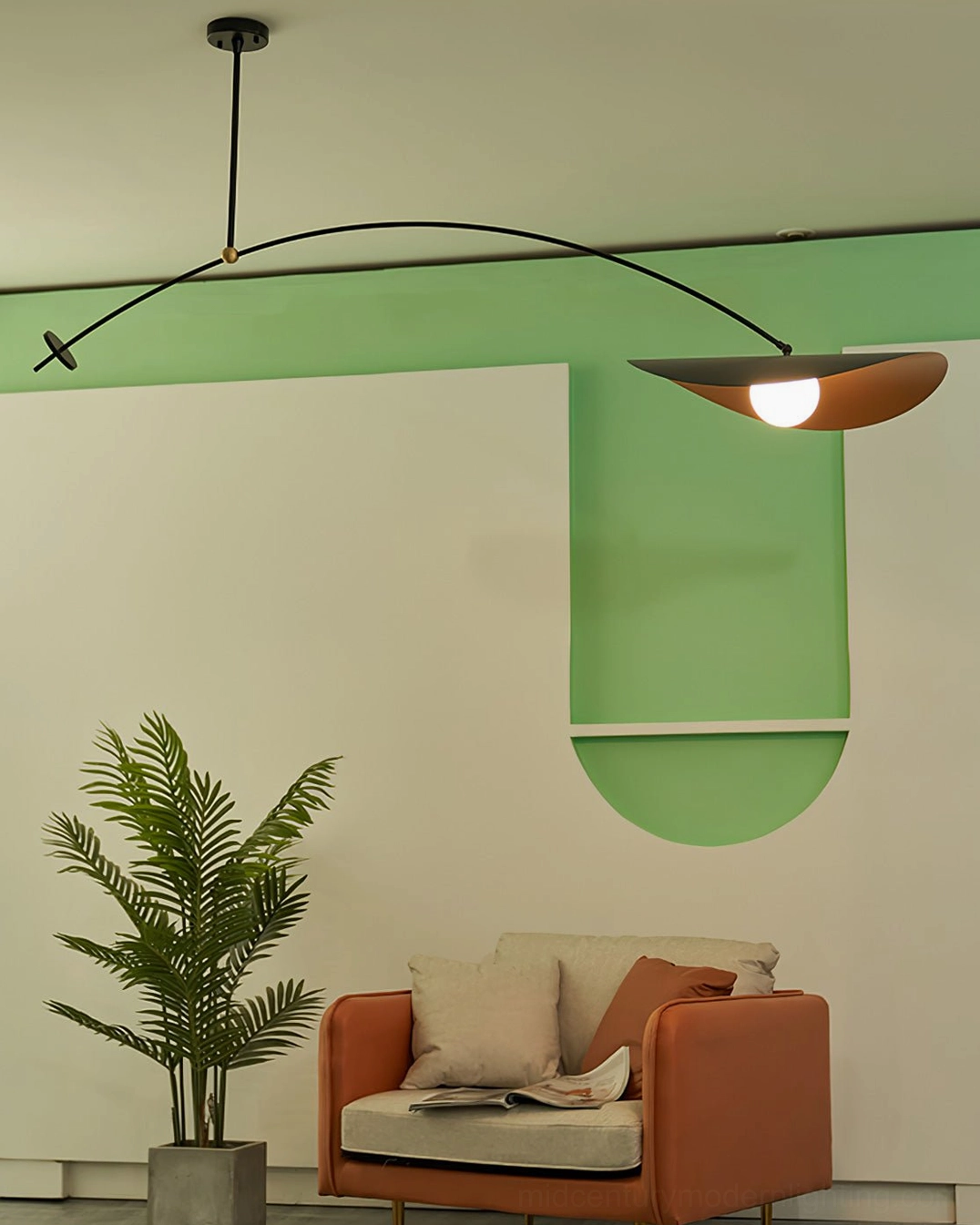 Myrna counterweight chandelier showing articulating arm extension and balance mechanism