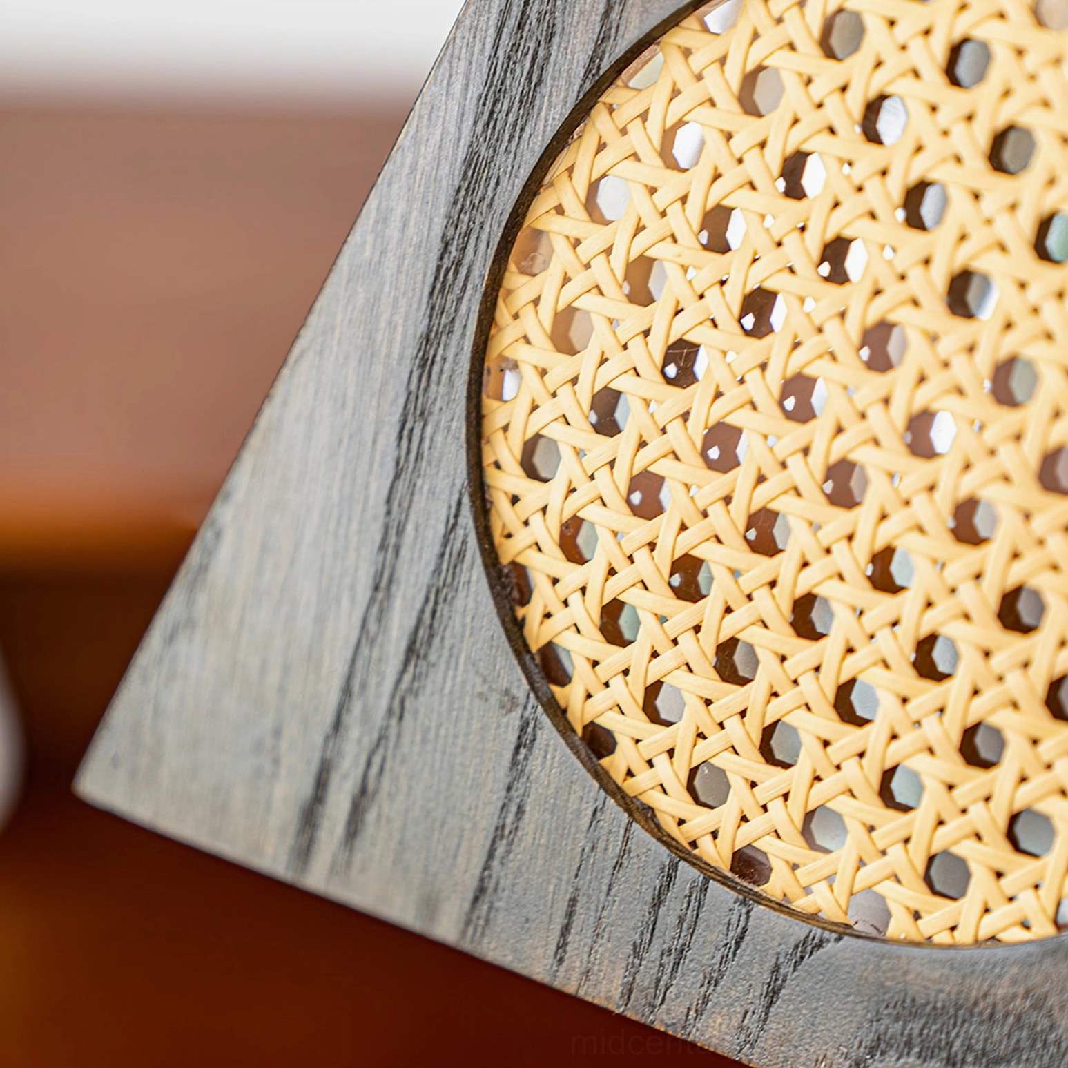 Detailed close-up of hand-woven rattan inlay pattern on Mysore pendant lamp shade, highlighting organic geometric weaving texture