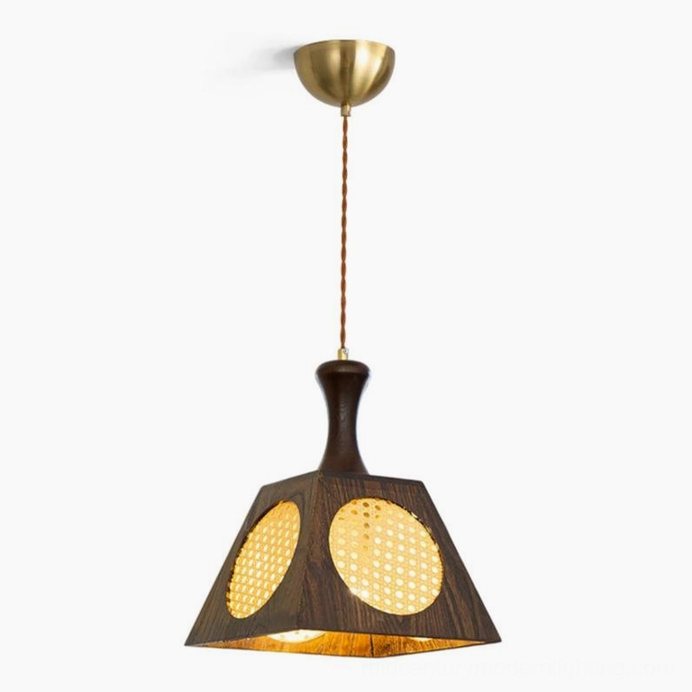 Mysore handwoven rattan pendant lamp full product shot, walnut color finish, trapezoid geometric form with natural woven rattan panels