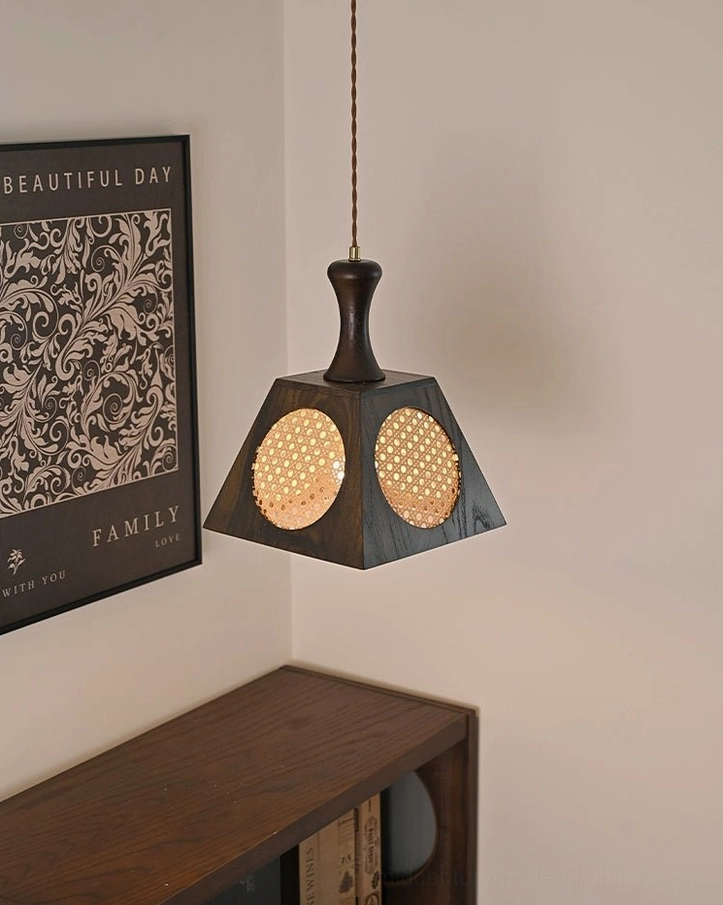 Mid-century modern Mysore rattan pendant lamp size comparison and installation guide, showing 25cm diameter and 35cm height specifications