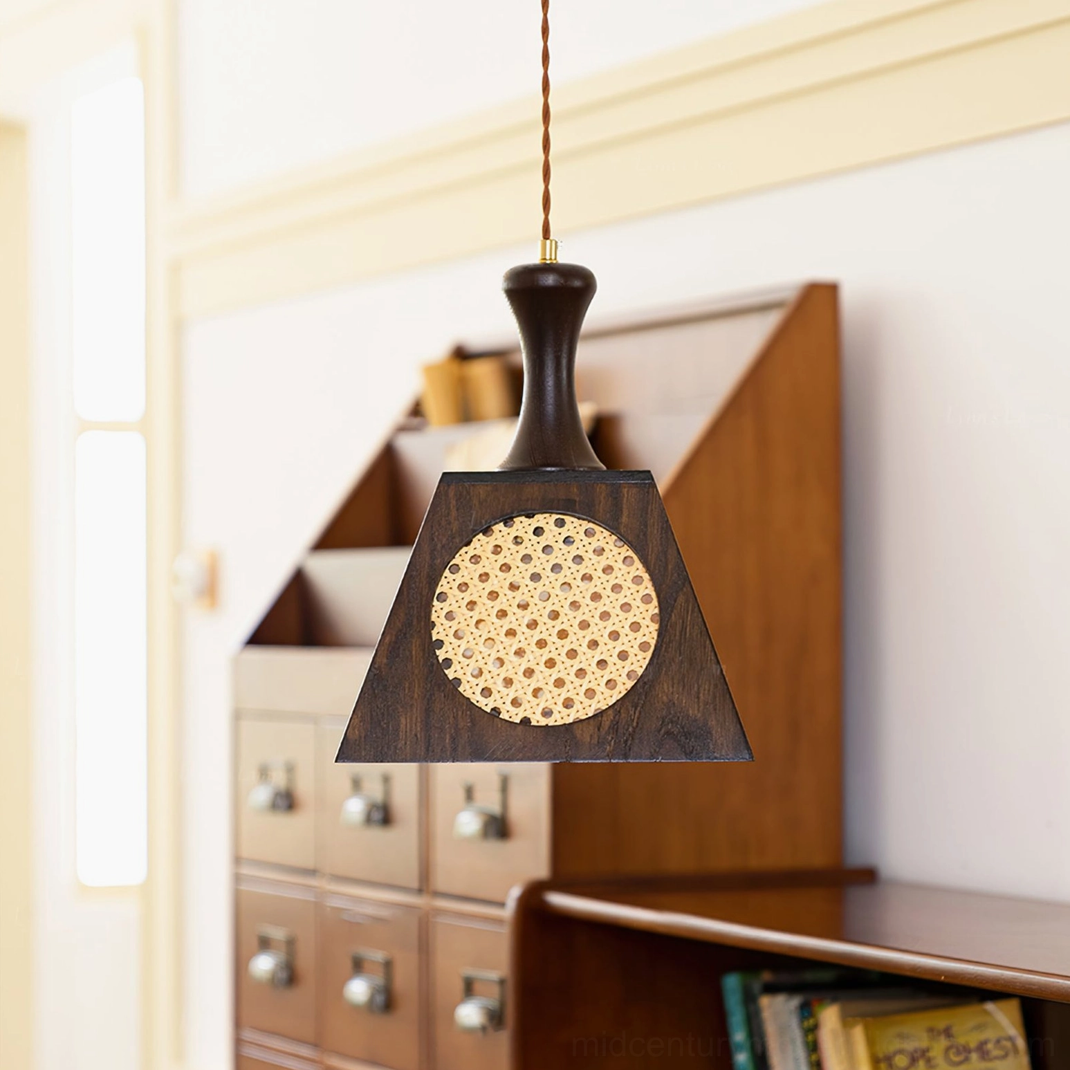 Mysore lamp installed in classic dresser room setting, distant view showcasing warm ambient light and natural wood grain finish