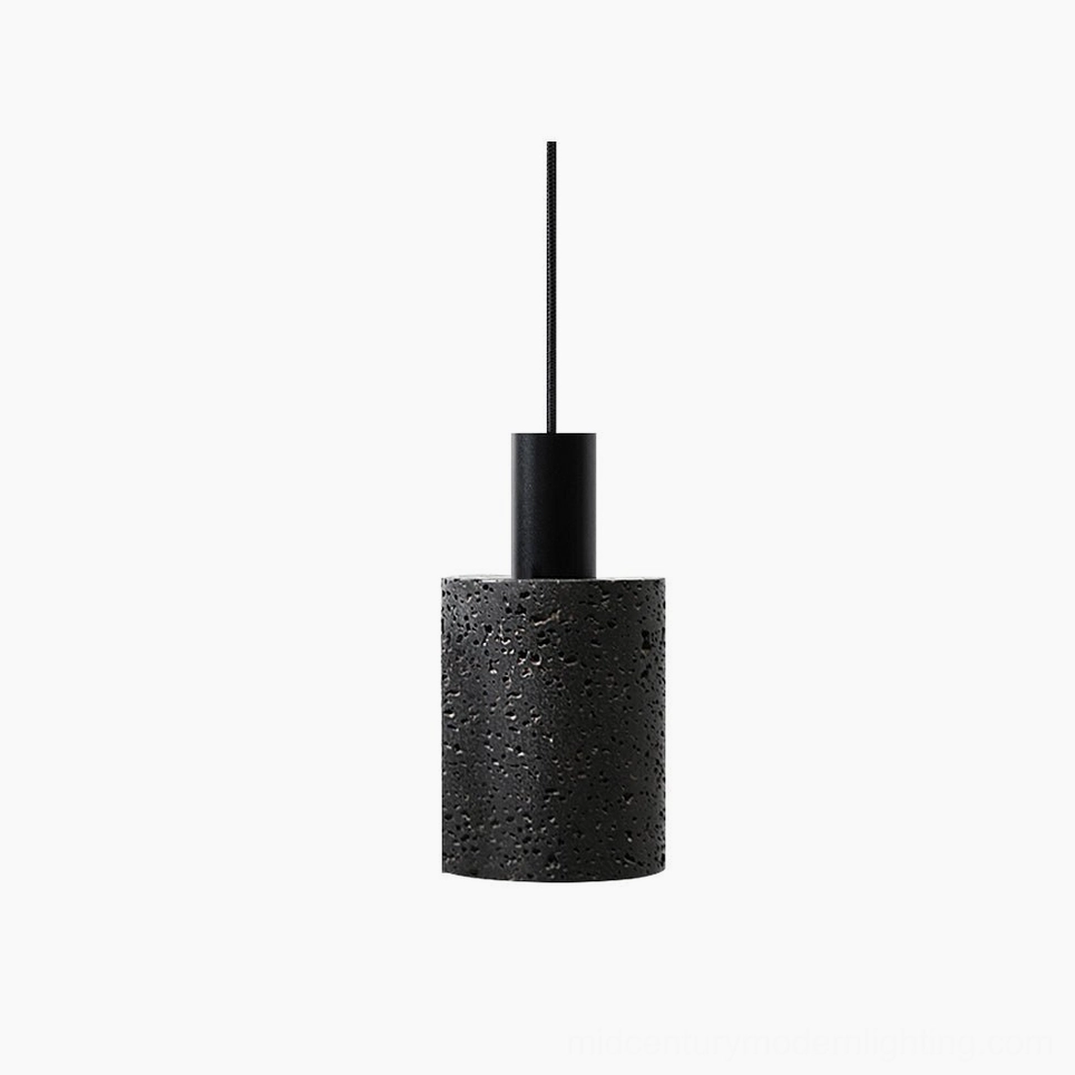 N Stone Pendant Lamp with matte black lava stone base and metal hardware, front view on white background