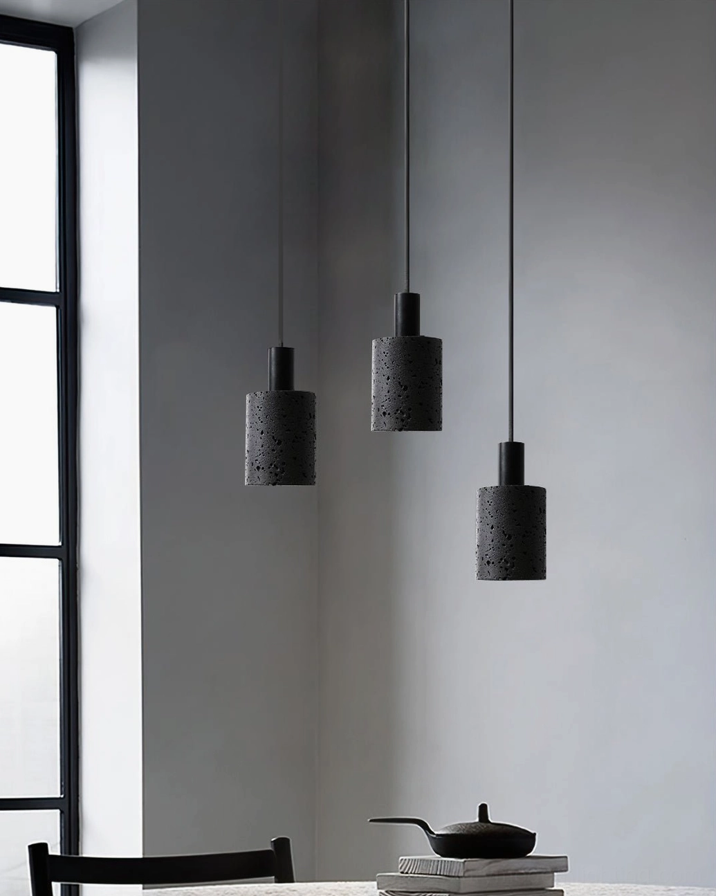 N Stone Pendant Lamp with natural material focus showcasing authentic black lava stone construction and craftsmanship