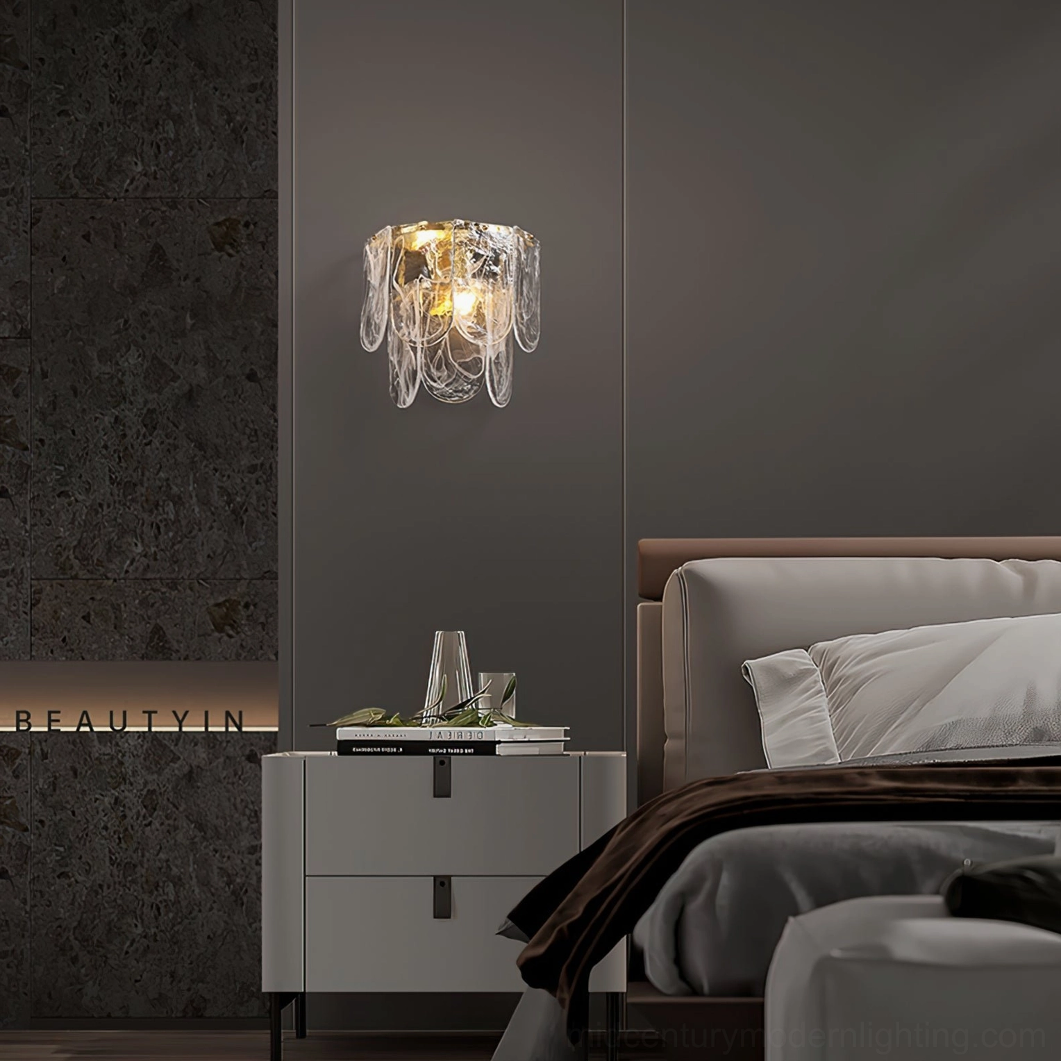 Nason brass wall sconce mounted in contemporary master bedroom with dark gray accent wall beside nightstand