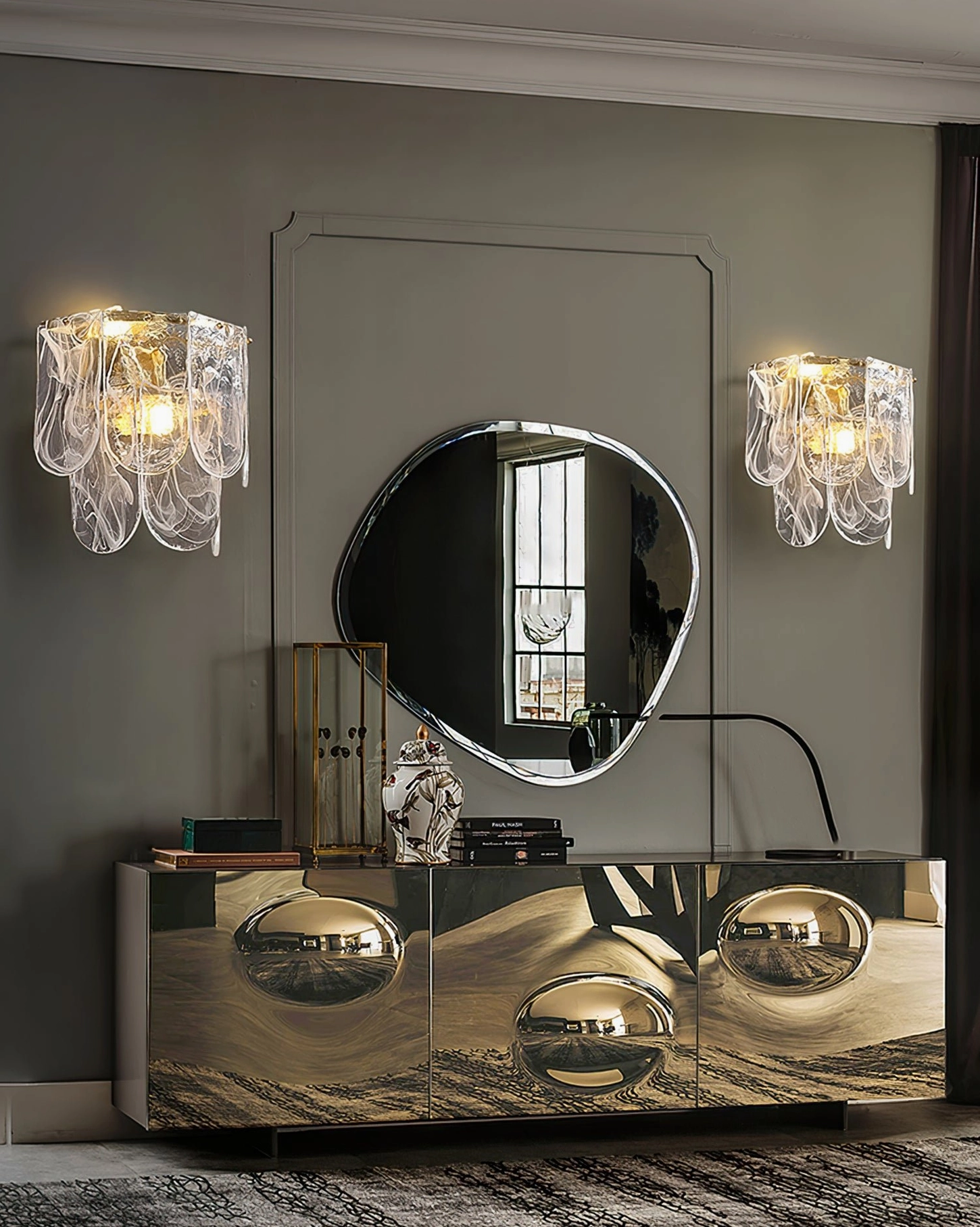 Nason brass wall sconce showing textured opaque glass diffusion and warm brass finish in evening ambient lighting