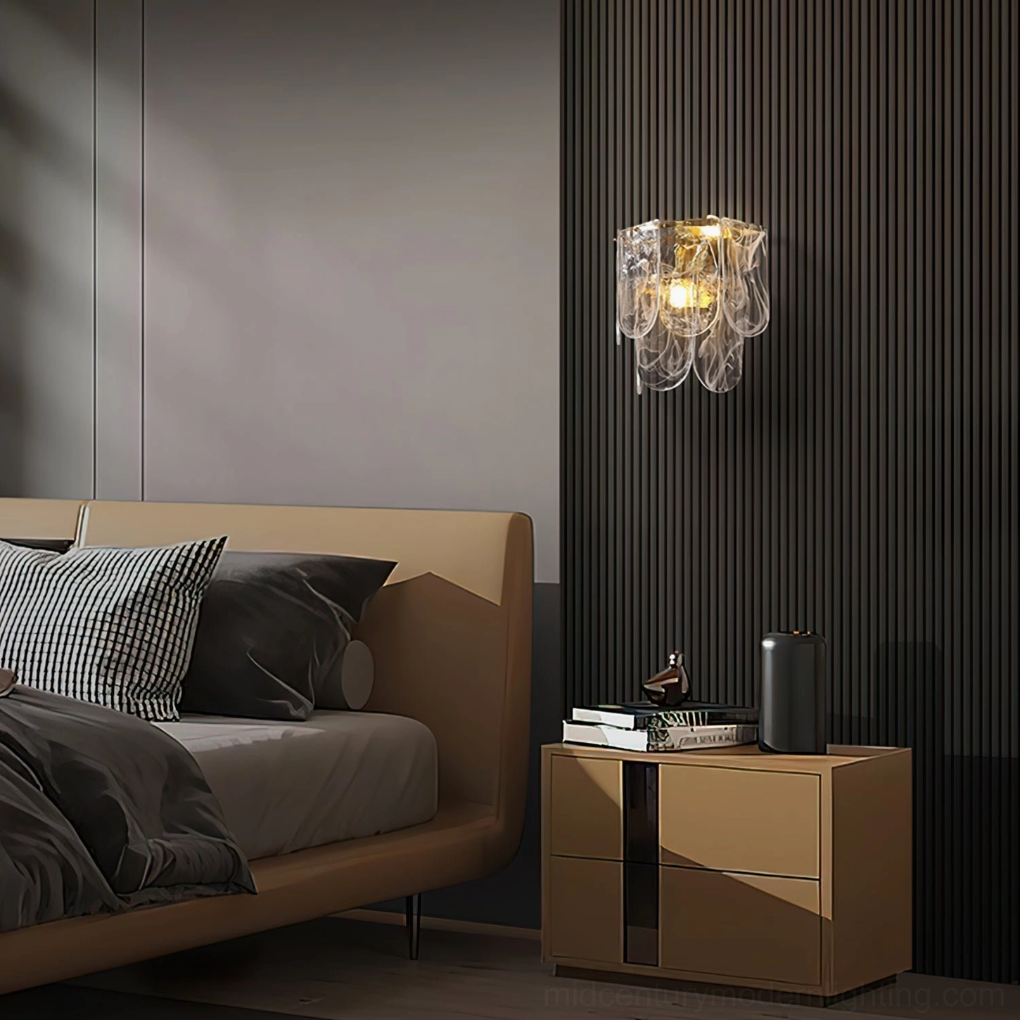Nason brass wall sconce in mid-century modern bedroom with wooden nightstand and warm ambient lighting