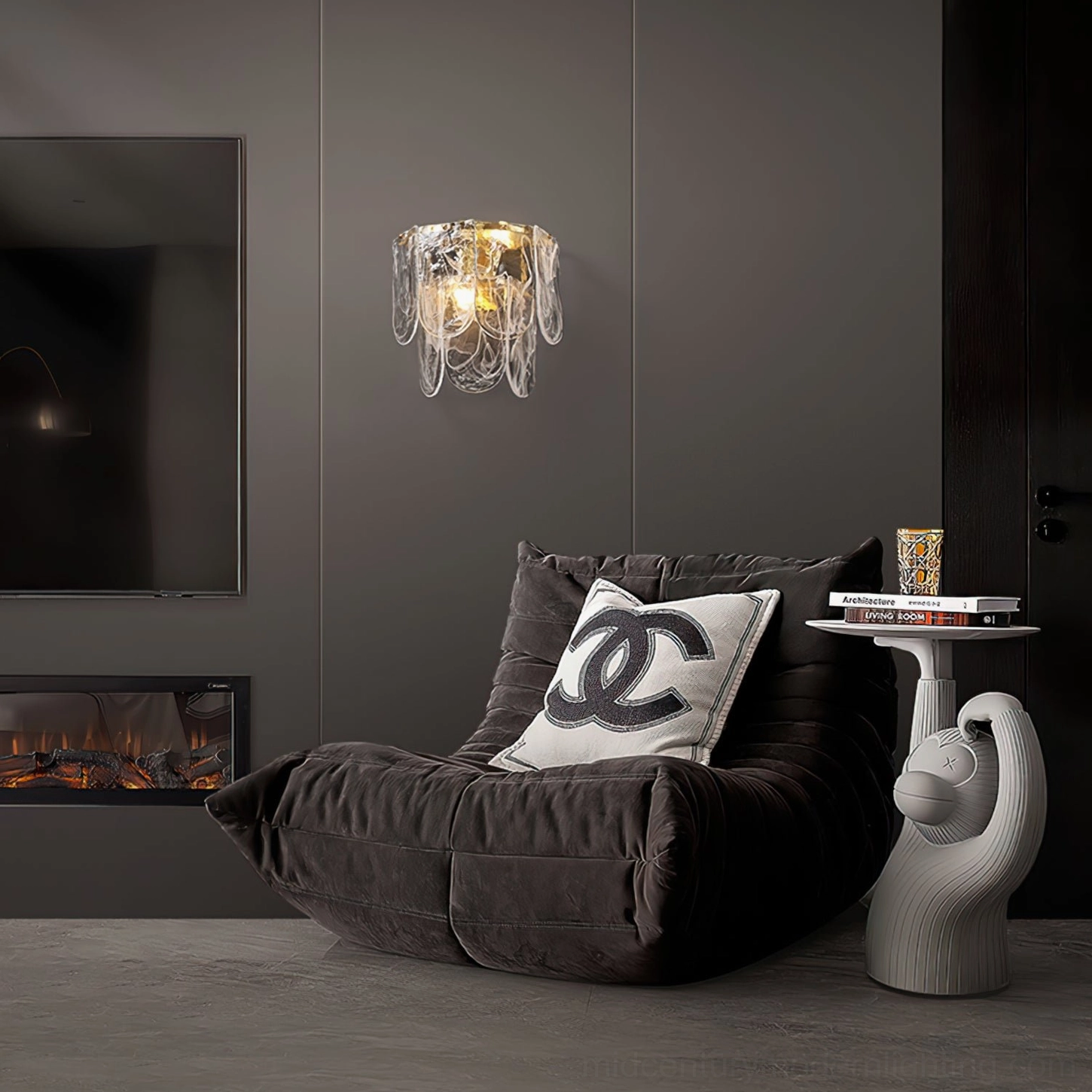 Nason brass wall sconce installed in luxury modern living room with fireplace, minimalist interior styling