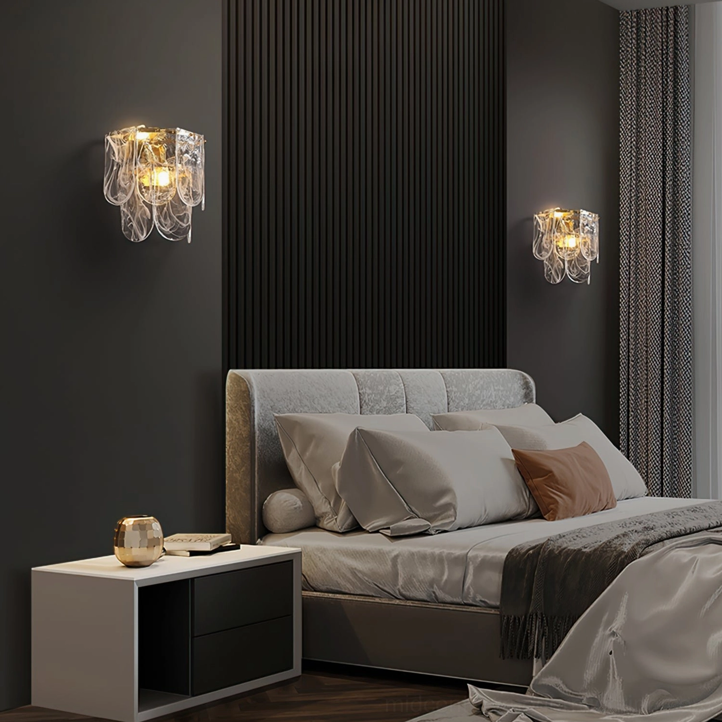 Pair of Nason brass wall sconces installed in contemporary bedroom with ribbed dark accent wall, neutral tonal decor