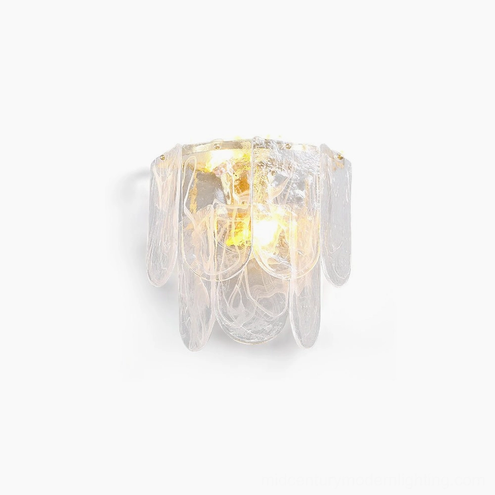 Nason brass wall sconce with rippled waterfall glass shade, front view on white background showcasing luxury mid-century modern design