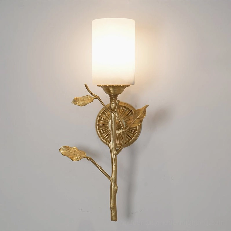 Natalia frosted cylindrical alabaster shade wall sconce with brass leaf branch decorative elements