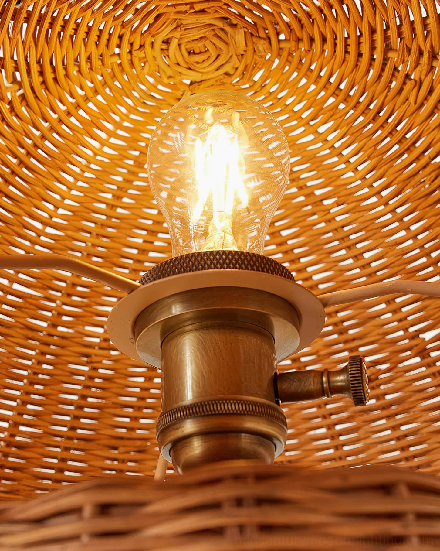 Natural rattan woven mushroom lamp with gold accents mid-century aesthetic