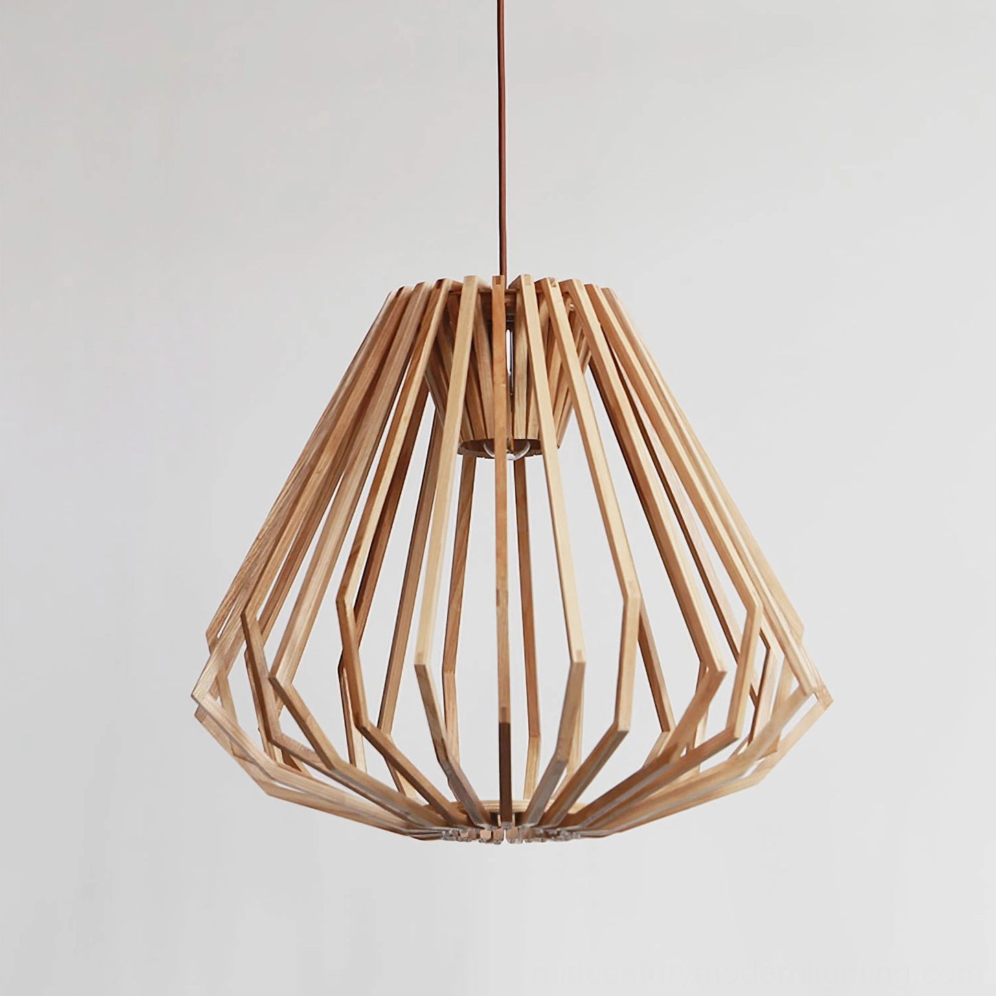 Natural wood slat cage pendant lighting fixture with geometric tapered design for modern interiors