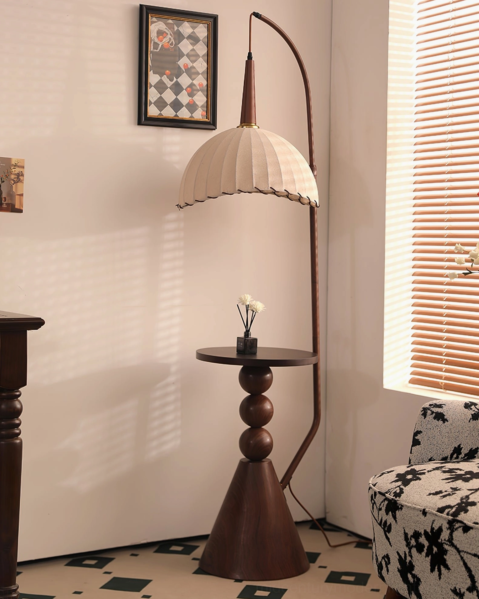Naumy floor lamp in cozy vintage bedroom nook with off-white scalloped shade, checkered floor and wall art