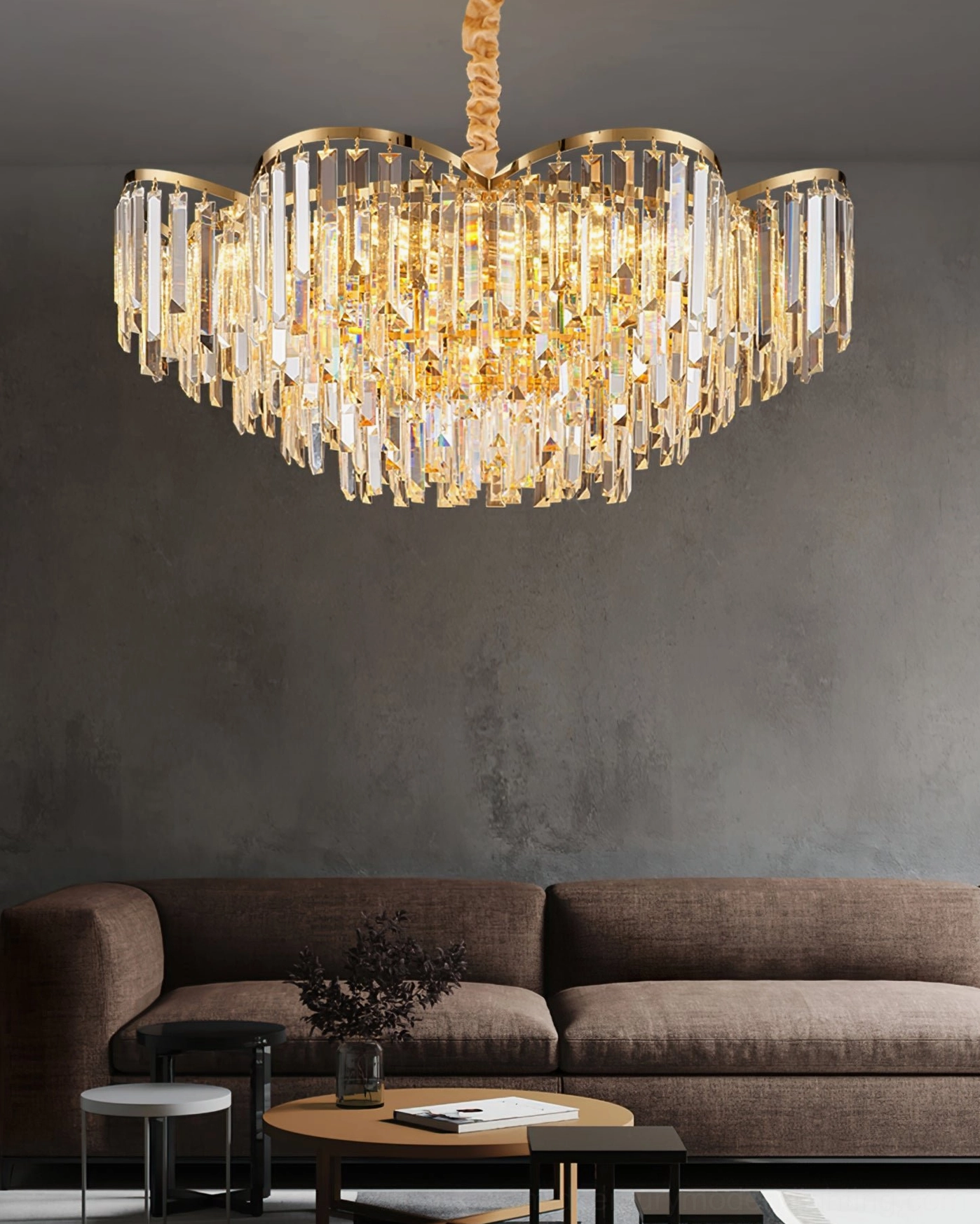 Dense crystal decorated chandelier with neoclassical glamour design in modern luxury living room