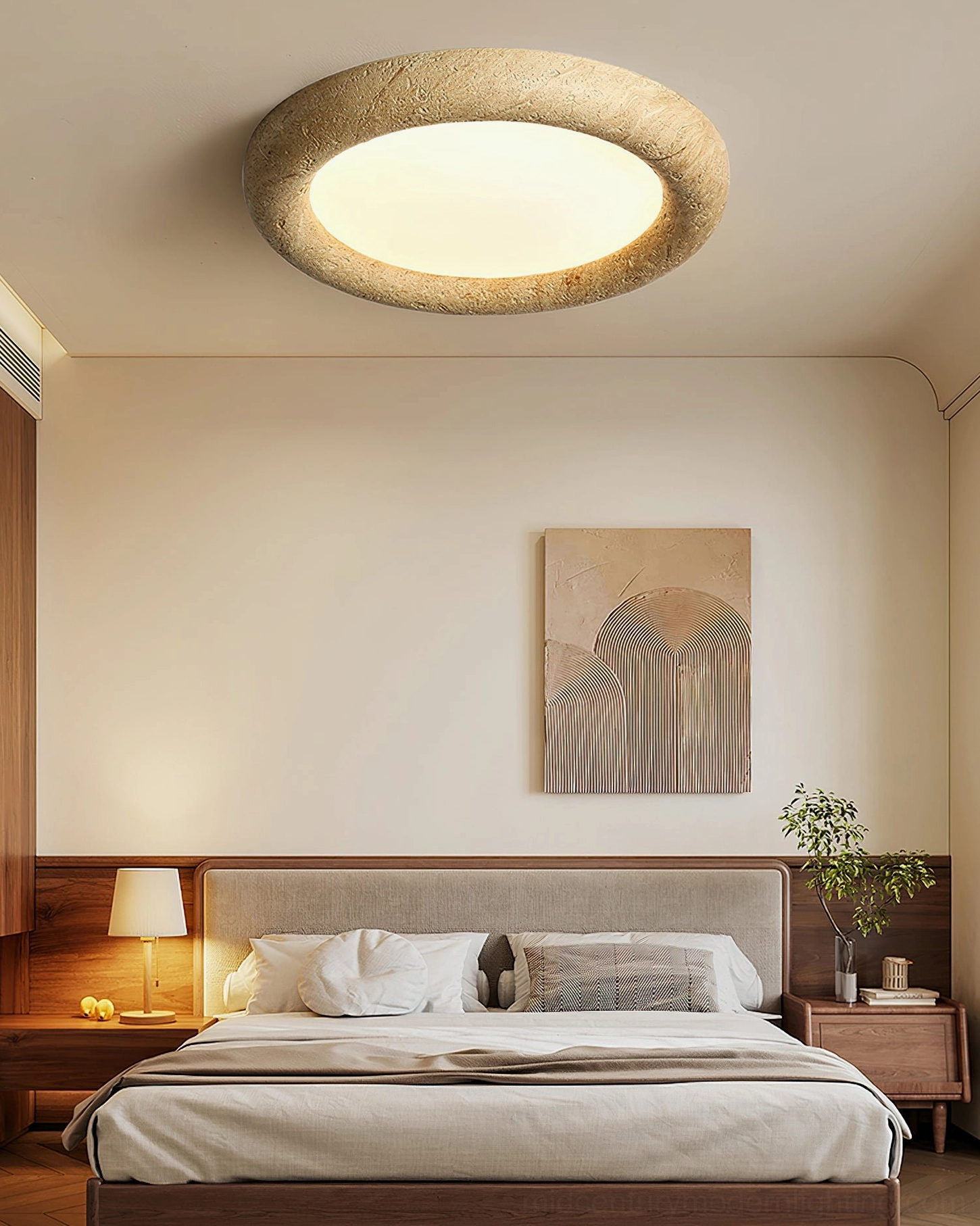 Warm neutral bedroom with ceiling light fixture casting soft ambient glow on wooden surfaces