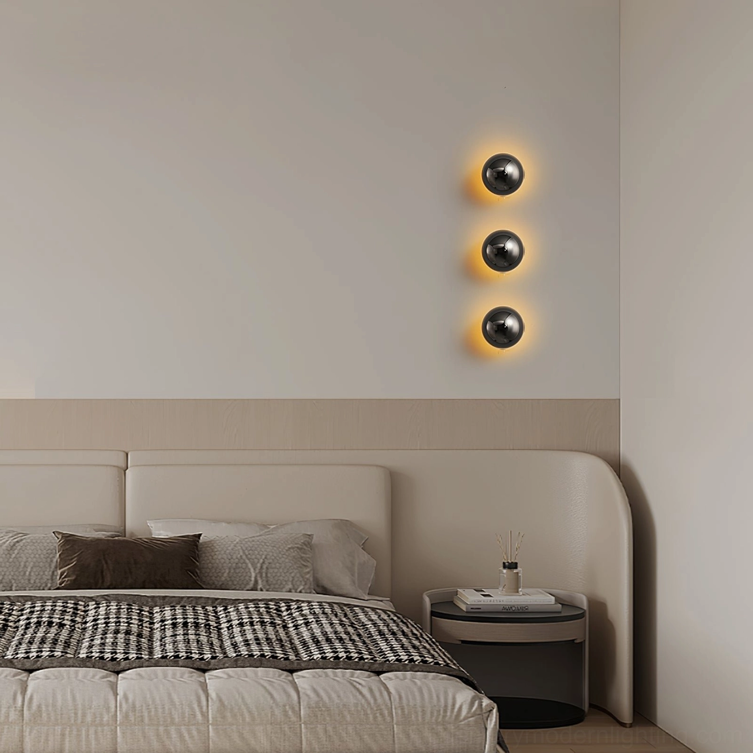 Multiple adjustable sphere wall lamps in neutral bedroom with warm atmospheric illumination