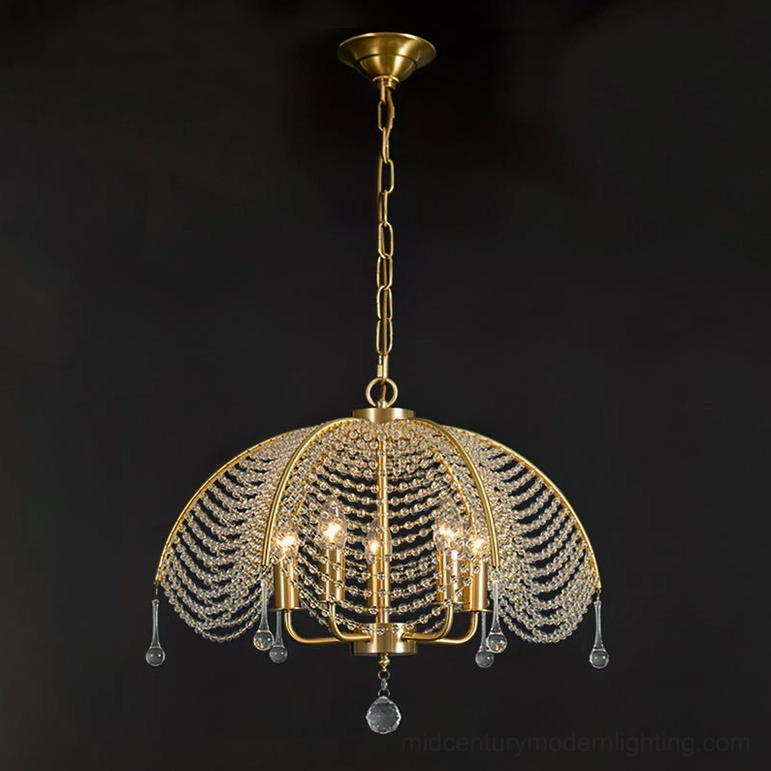 Neville brass crystal chandelier with decorative chain hanger front view classic scalloped luxury design