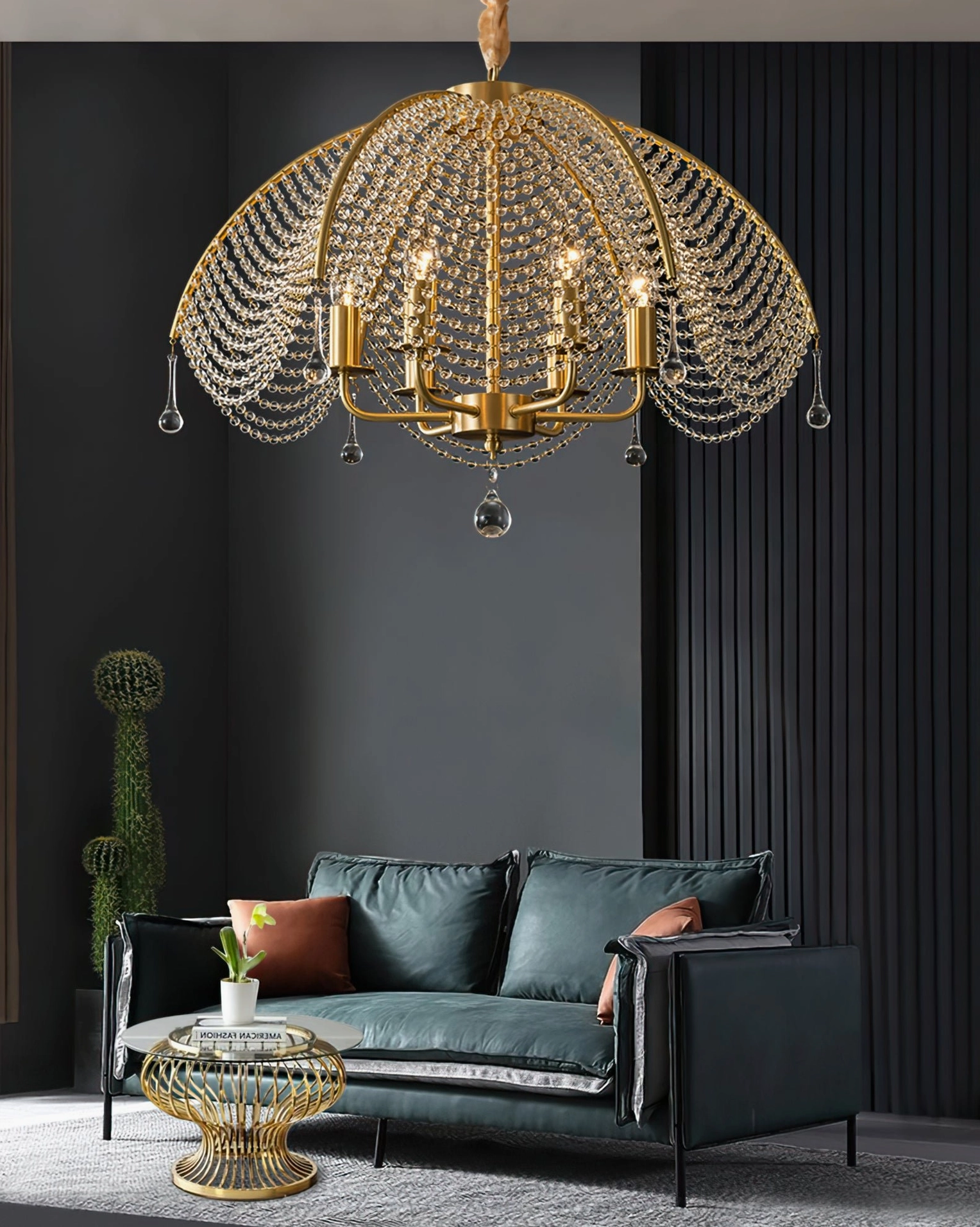 Neville brass crystal chandelier installed in luxury dark living room with warm ambient lighting