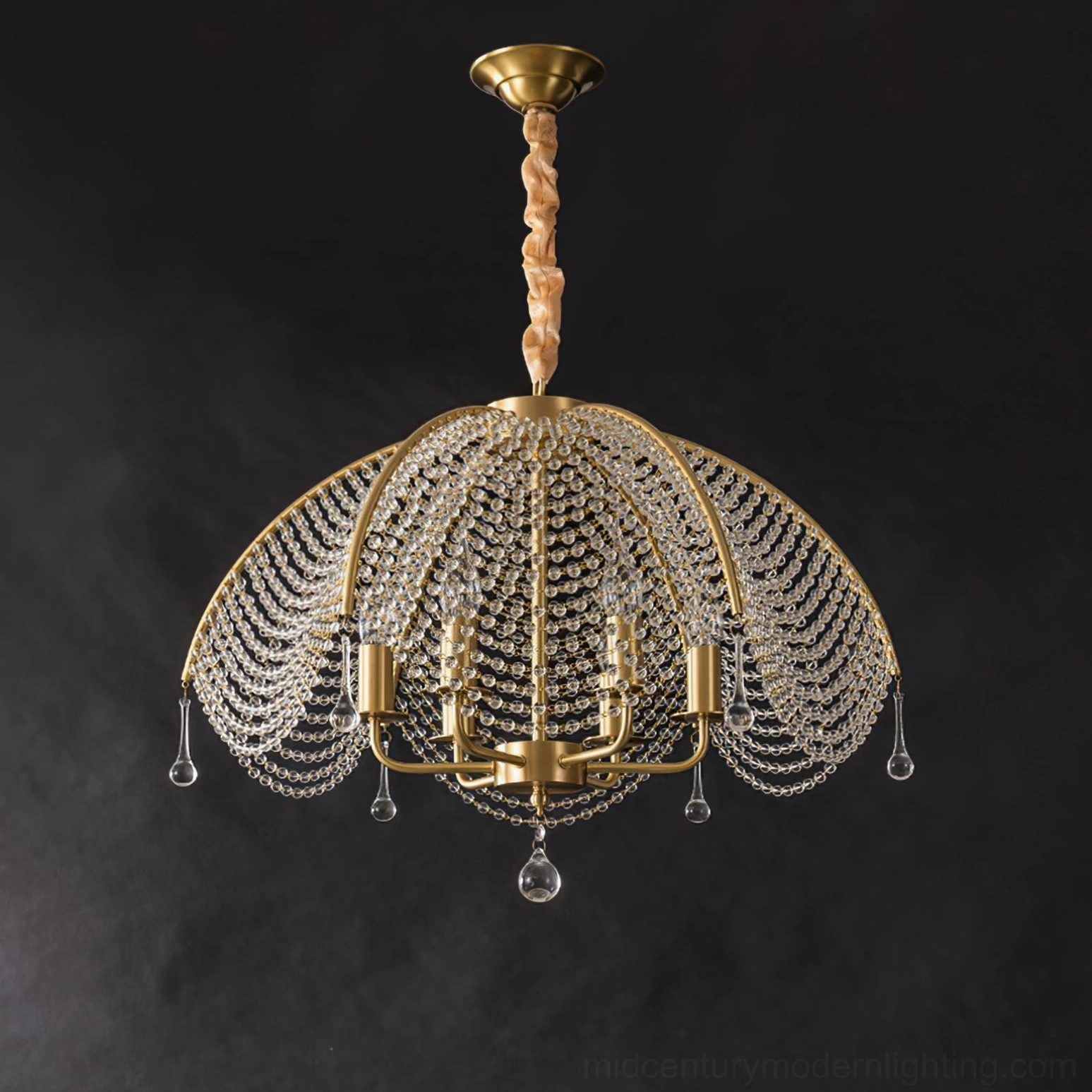 Neville mid-century modern brass chandelier showcasing cascading crystal bead details and vintage-inspired design