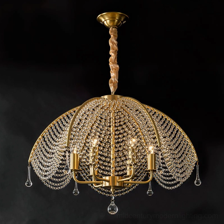 Neville six-head brass crystal chandelier largest configuration with multiple light sources and extended crystal strands