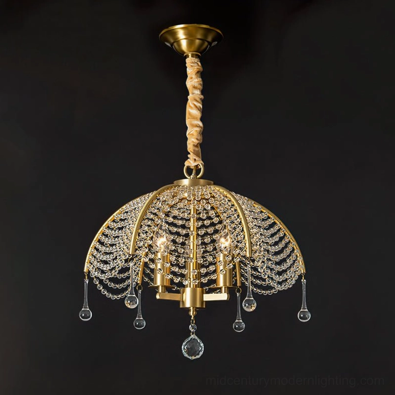 Full view of Neville brass crystal chandelier three-head configuration showing complete pendant structure