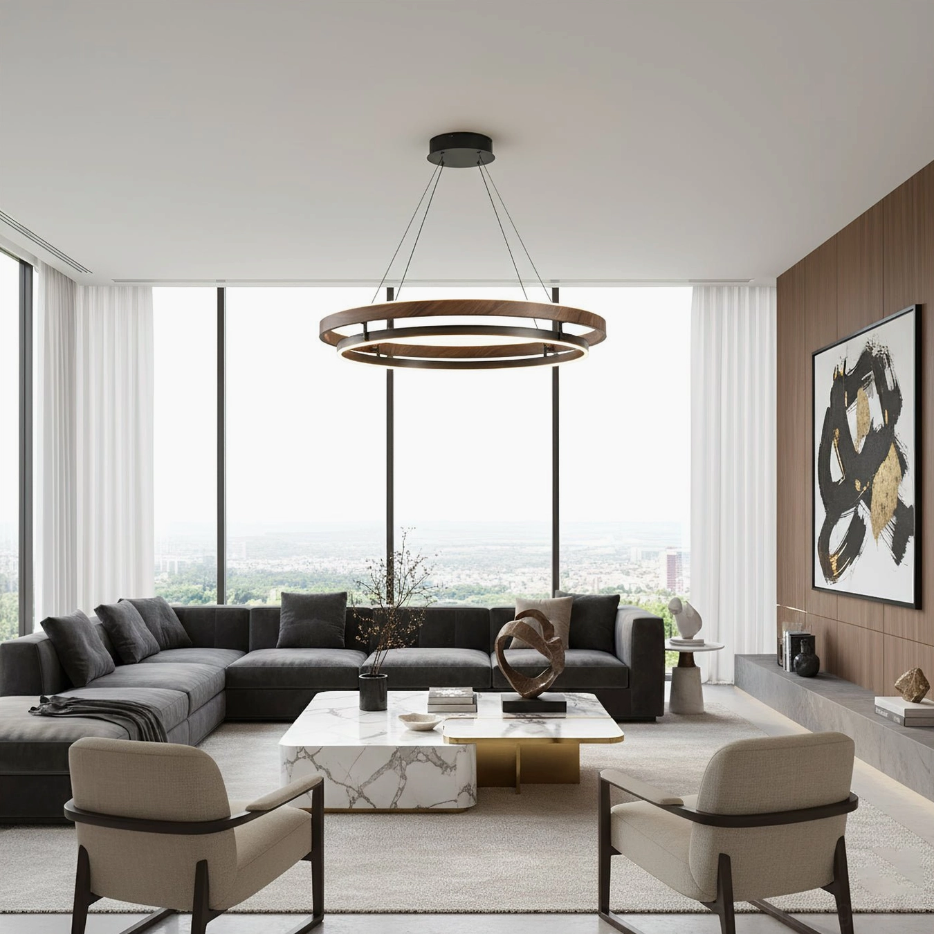 Niseko pendant light in bright contemporary living room with floor-to-ceiling windows and minimalist decor
