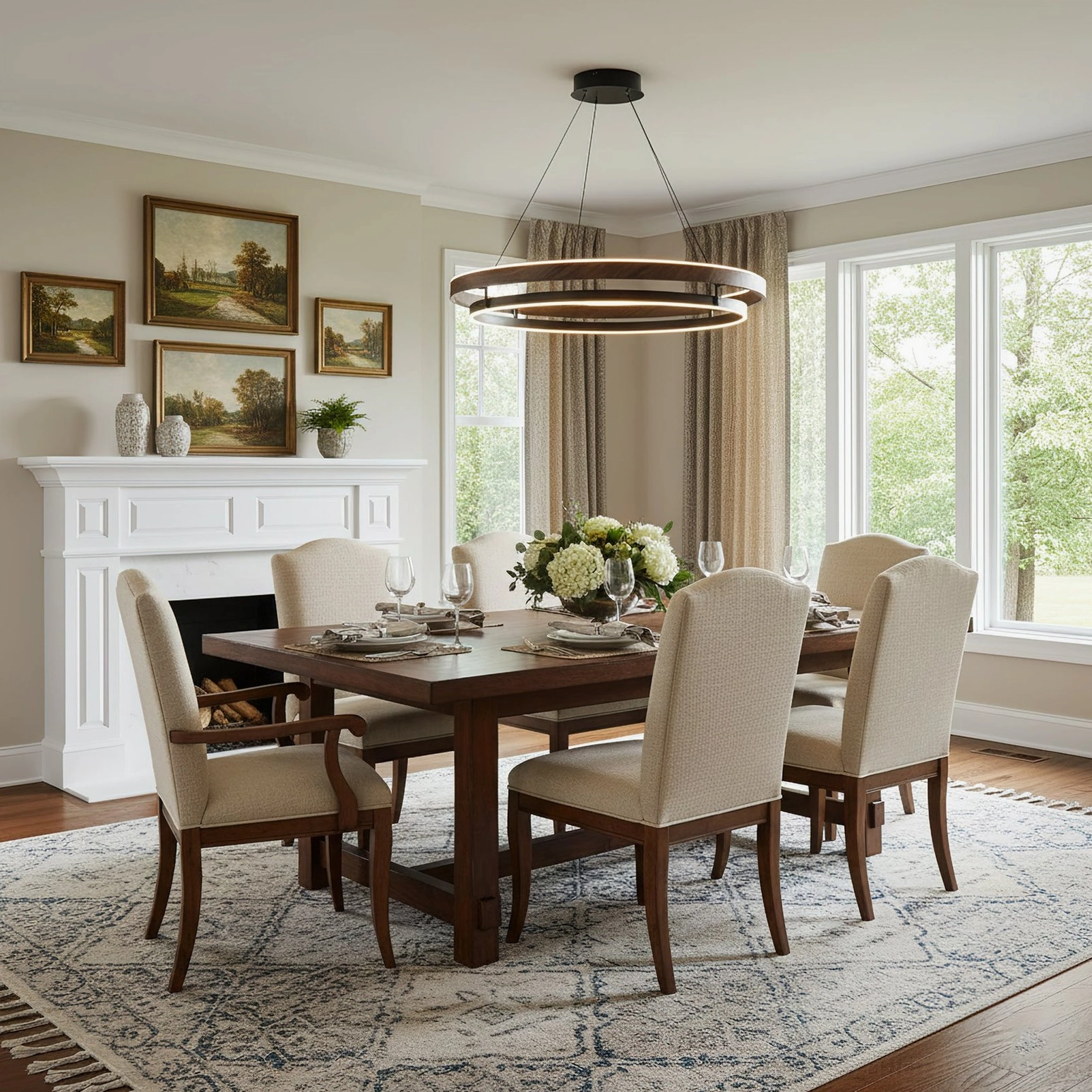 Niseko mid-century modern pendant in formal dining room with white fireplace and elegant warm lighting