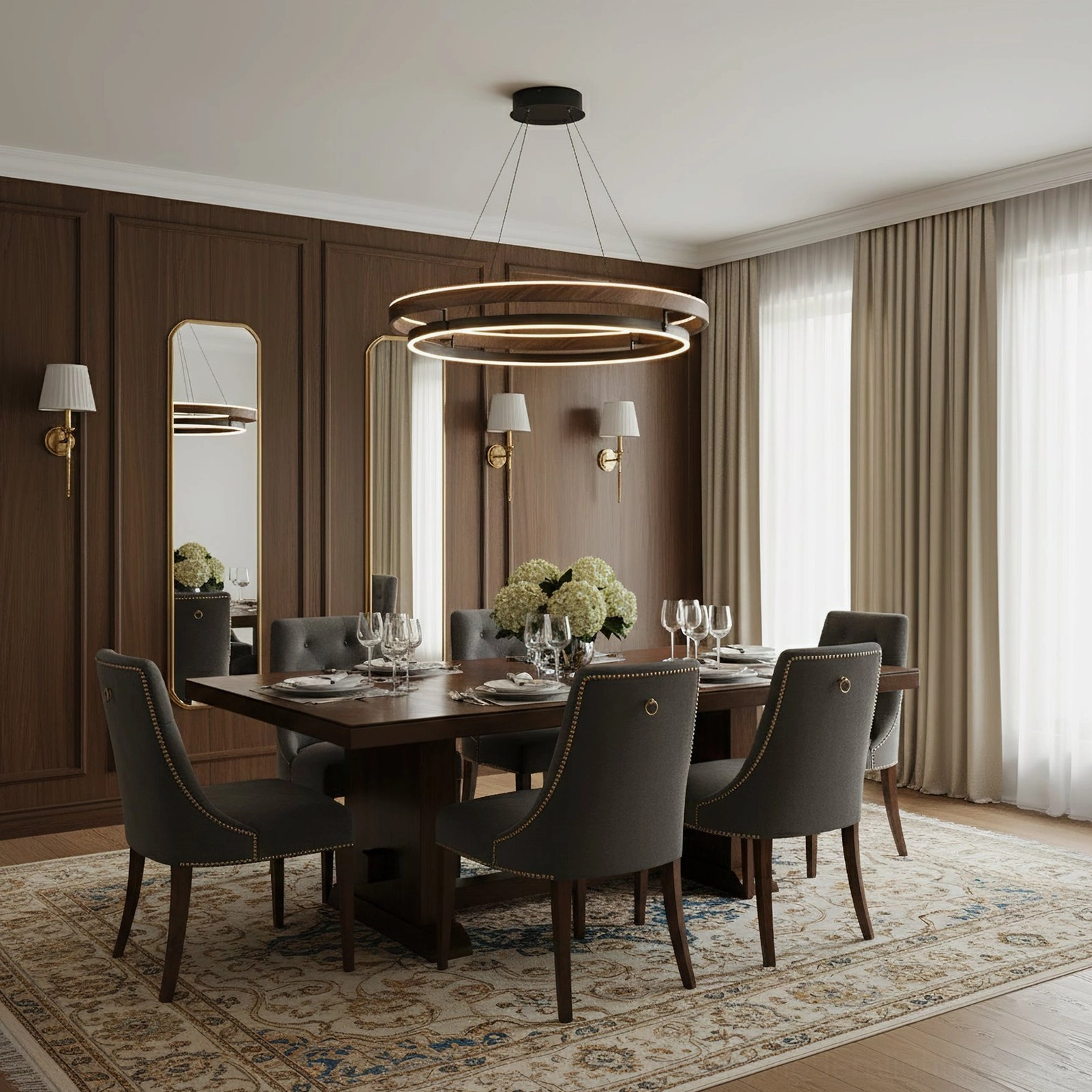 Niseko double-ring pendant light in luxury dark-toned dining room with wood paneling and modern furnishings