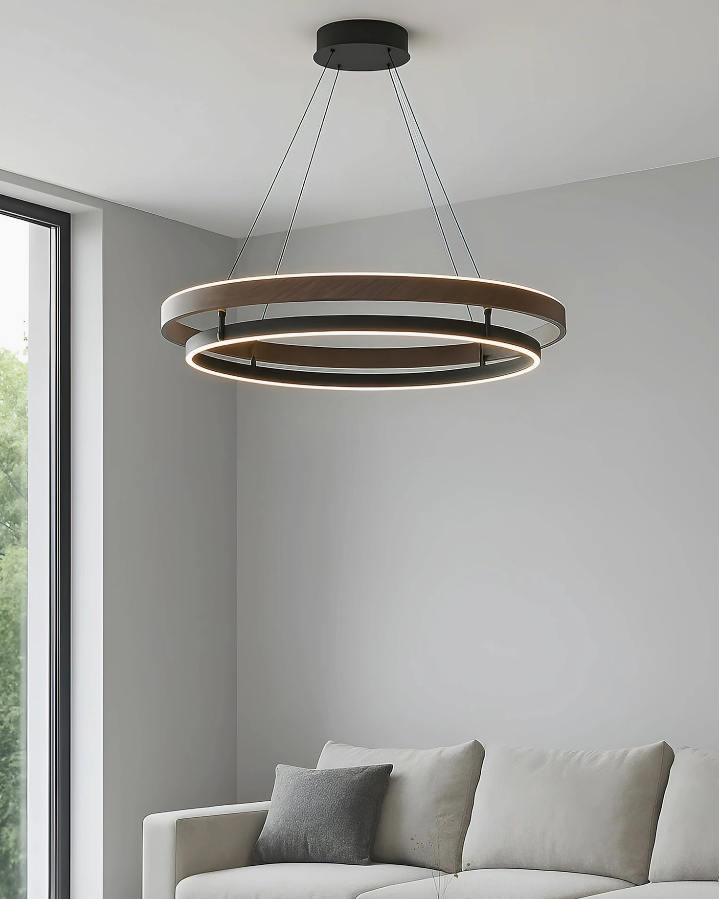 Niseko pendant light side profile showing double-ring silhouette and walnut grain finish detail