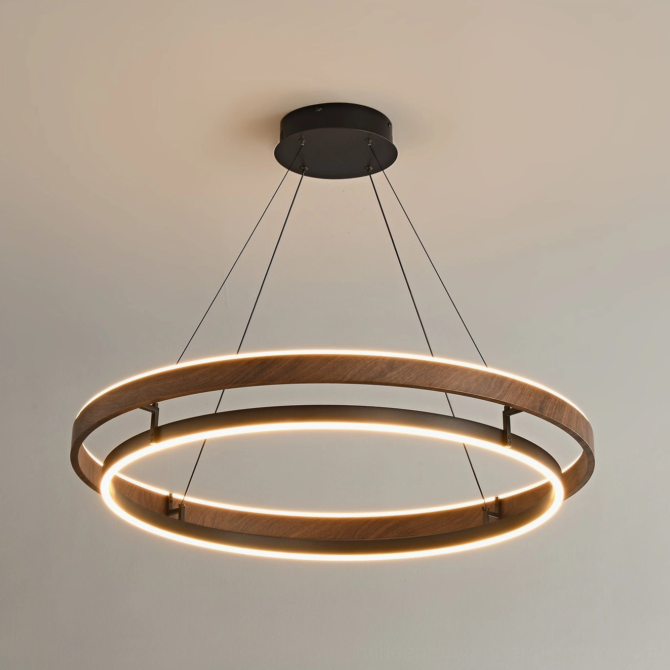 Niseko mid-century modern pendant fixture displaying double-ring architecture and metal construction detail