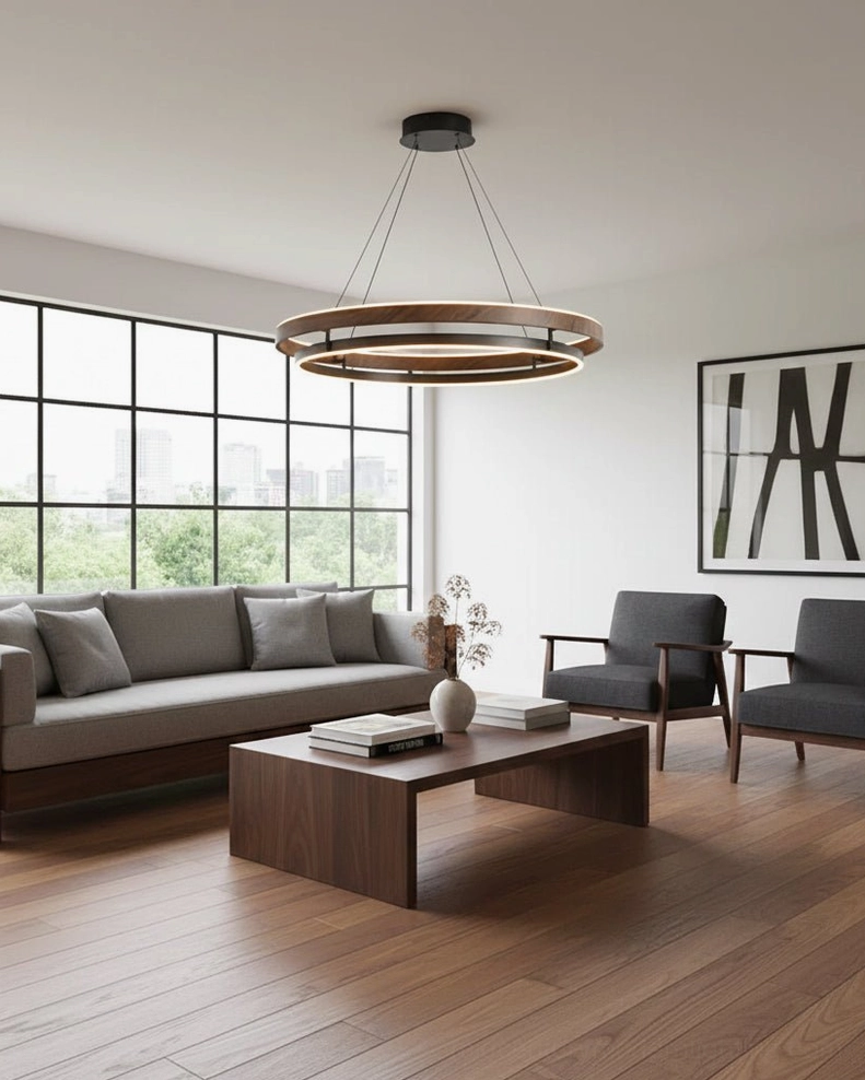 Niseko double-ring pendant suspended in warm minimalist living room with natural light and wood accents