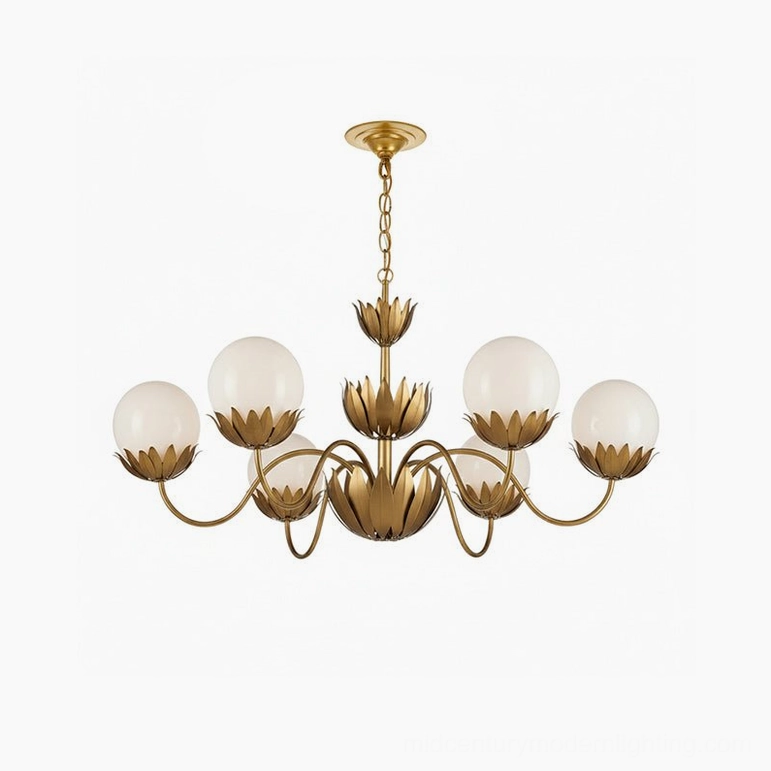 Noemie 6-light brass chandelier 37 inch diameter 25.6 inch height, complete mid-century modern fixture