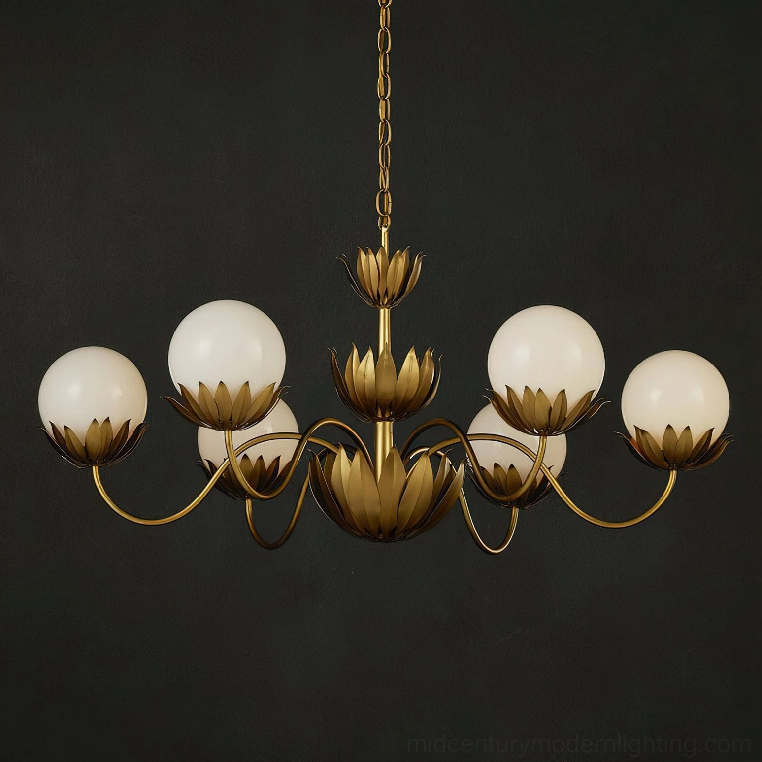 Noemie 6-light lotus-style brass chandelier with frosted glass globes, studio photography on dark background