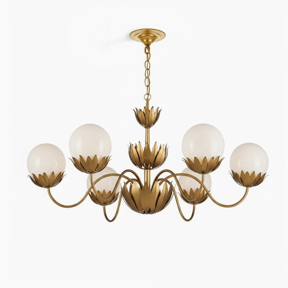 Noemie 6-light mid-century modern brass chandelier with frosted glass petal-shaped shades, studio frontal view on white background