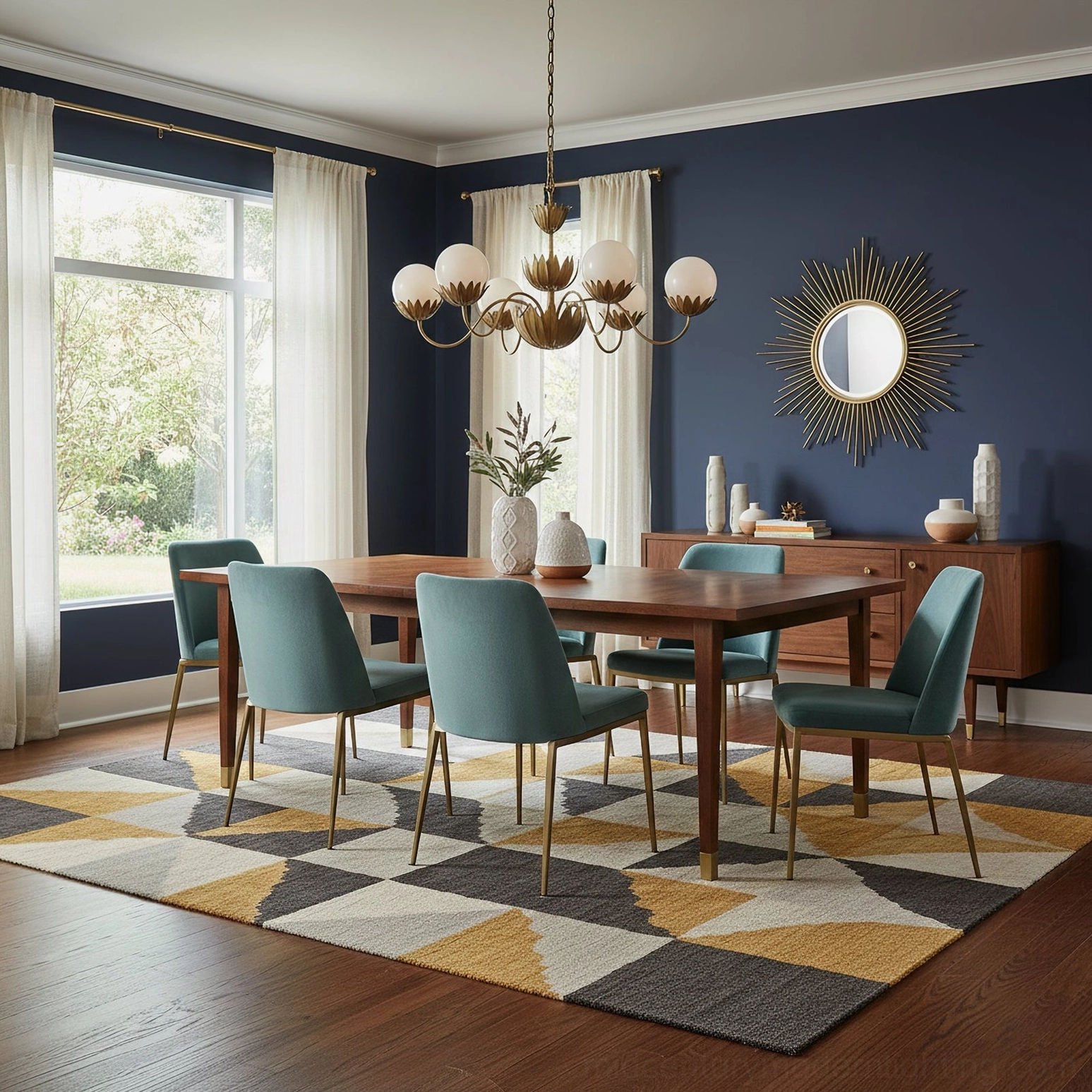 Noemie 6-light brass chandelier over casual dining space with geometric rug, modern classic home decor setting