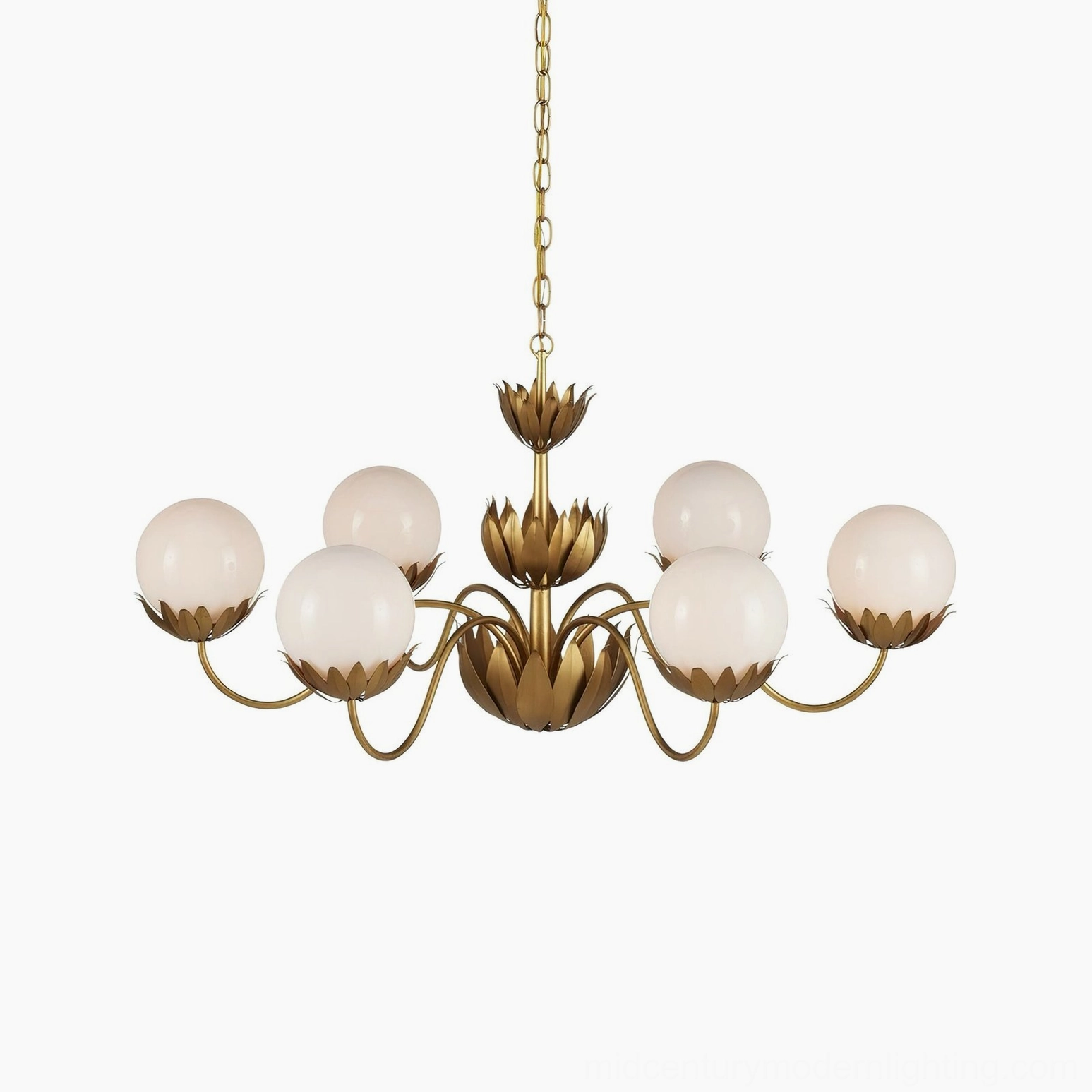 Noemie brass chandelier mounted ceiling view showing full 6-light floral design and chain suspension system