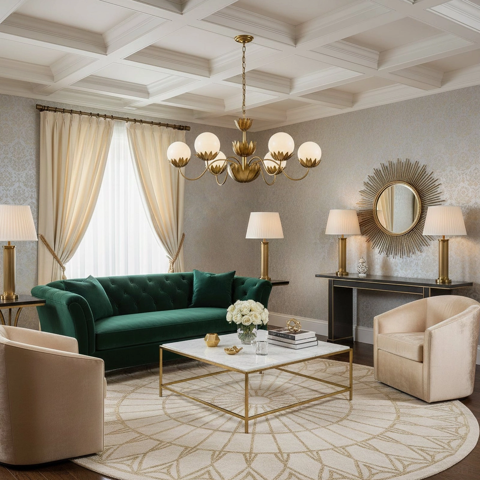 Noemie chandelier suspended in soft warm neutral living room, contemporary minimalist home design setting