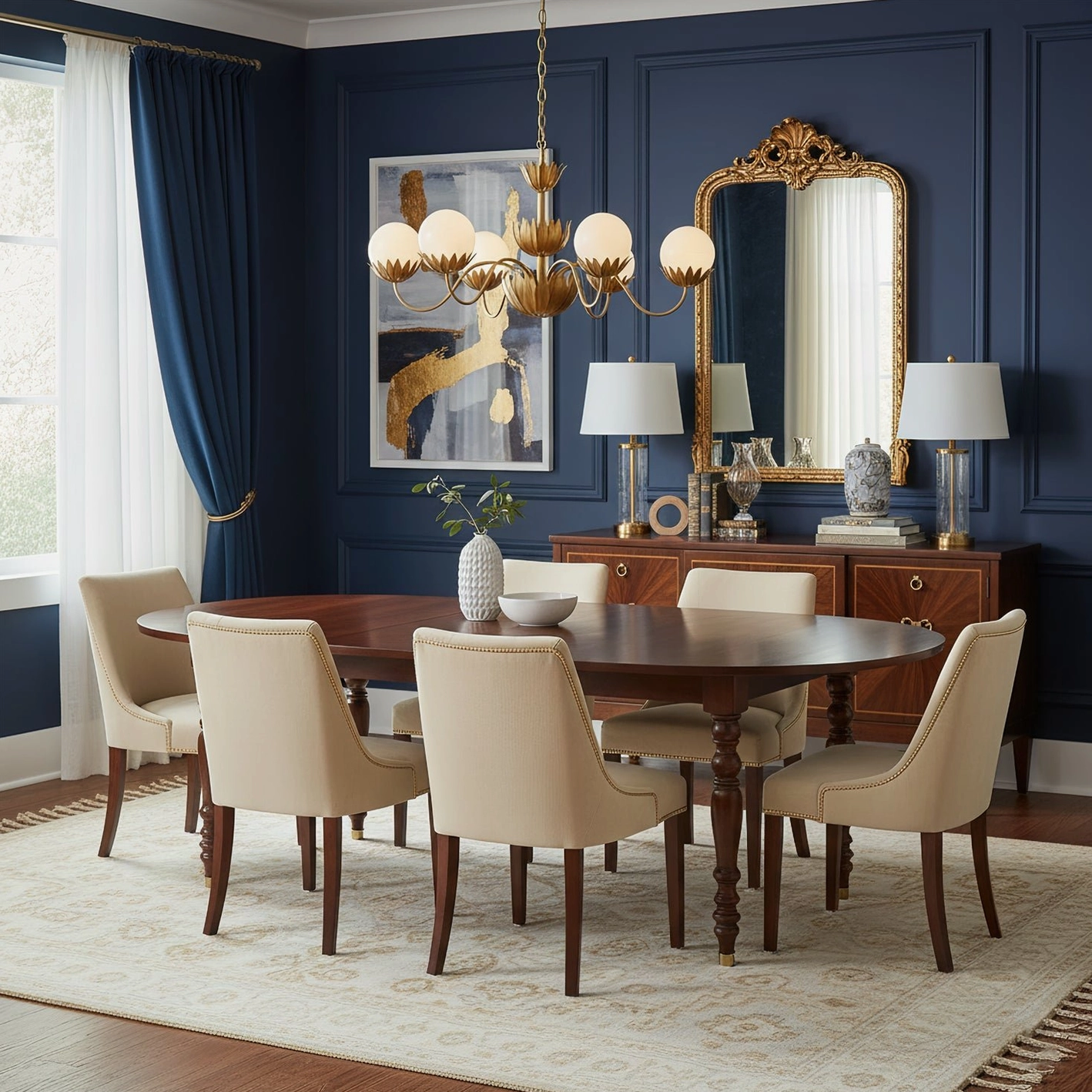 Noemie vintage brass chandelier in formal classic dining room, eye-level dining space photography
