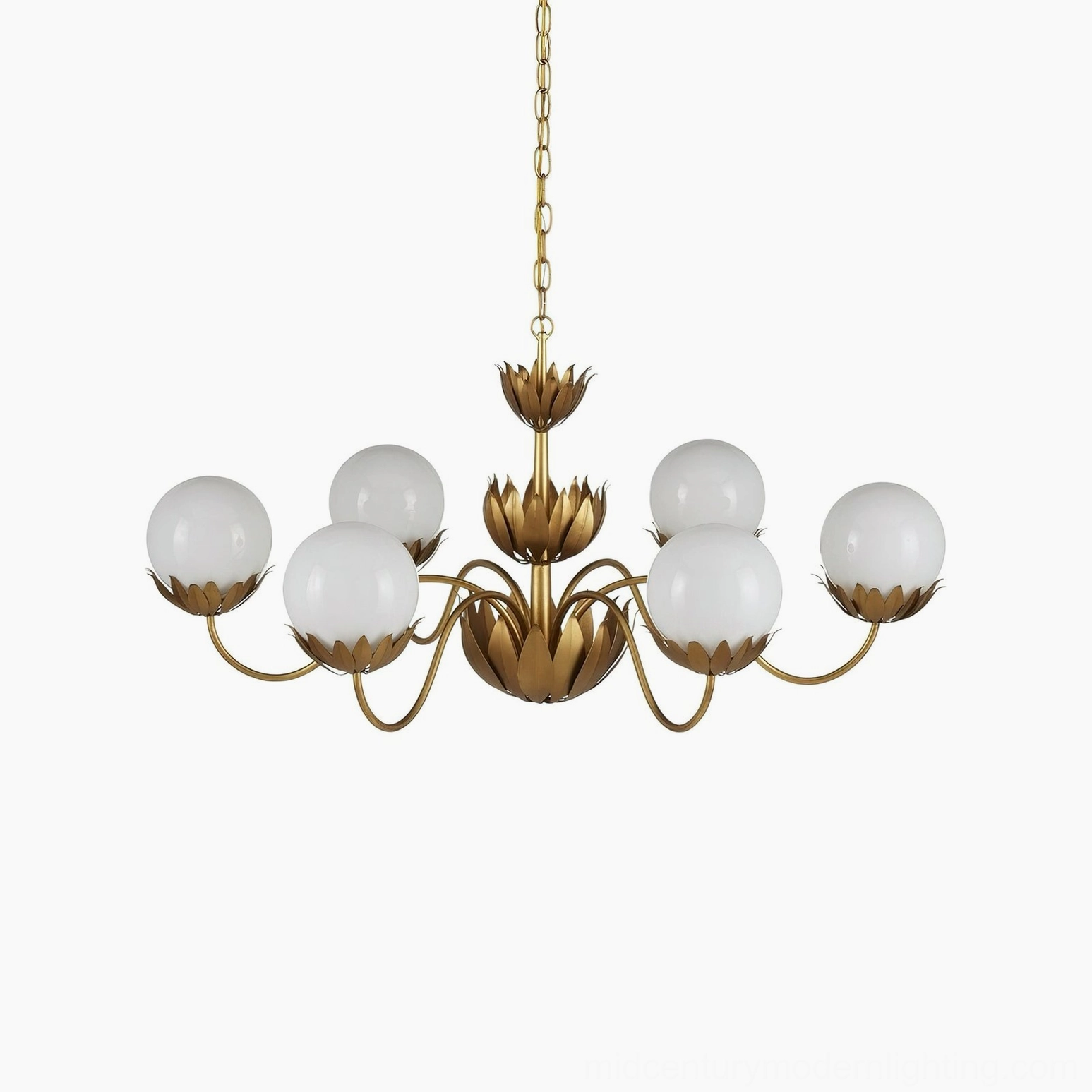 Noemie 6-light brass chandelier frosted glass globe shades, botanical petal-inspired design detail
