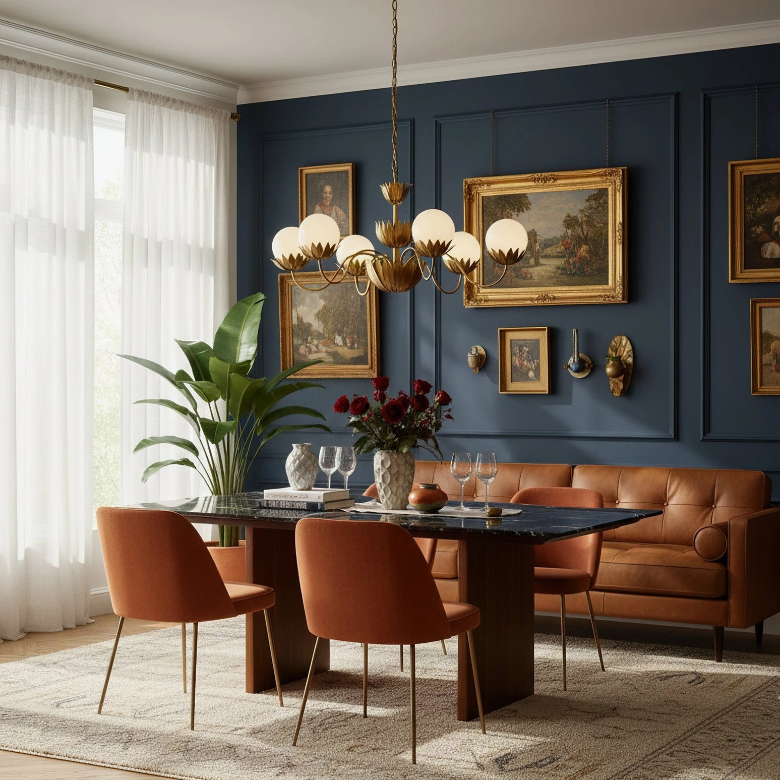 Noemie 6-light chandelier in luxury living-dining space with dark blue accent wall, overhead wide room perspective