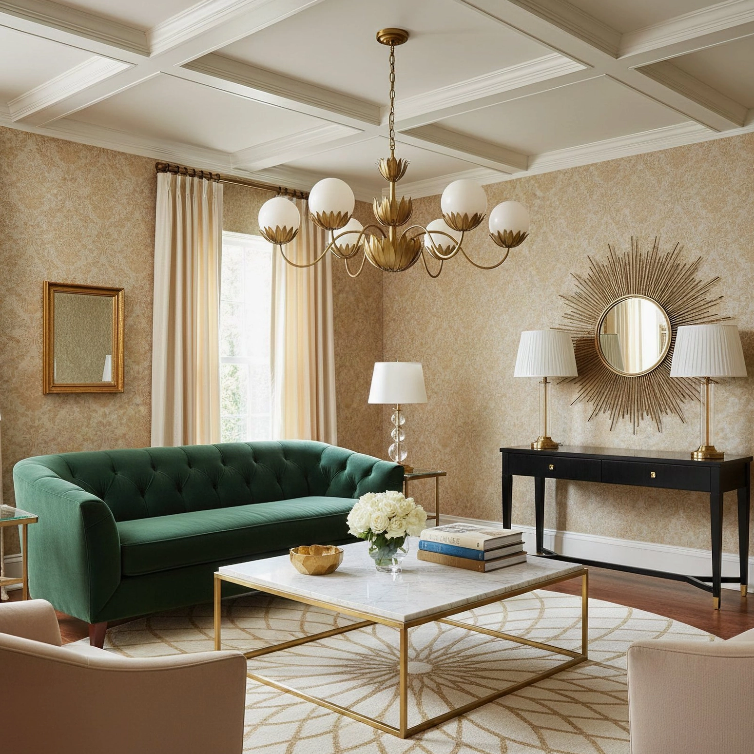 Noemie 6-light brass chandelier in minimalist luxury living room with gold-toned furniture, eye-level perspective