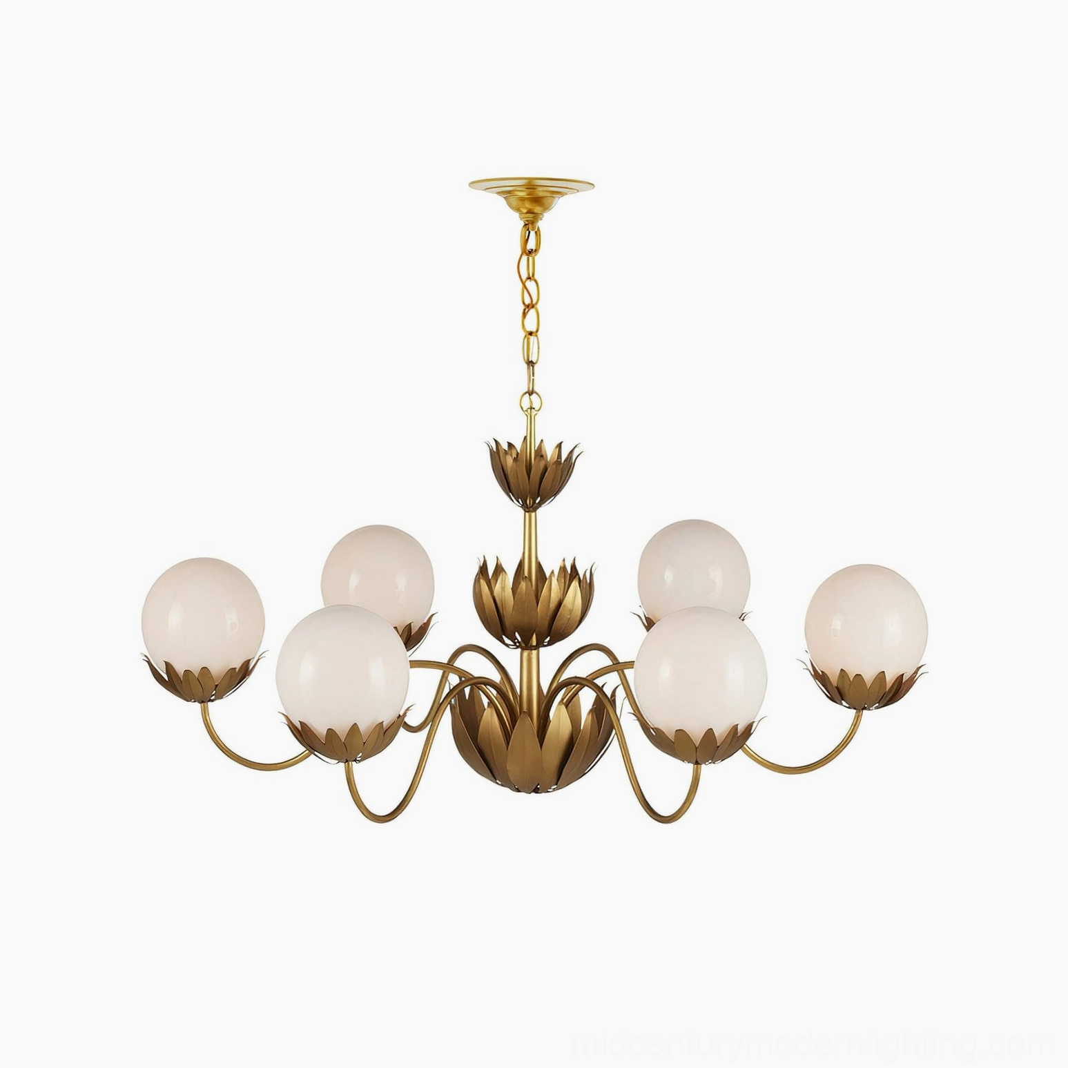 Noemie mid-century modern brass chandelier close-up detail of petal-shaped glass shades and brass arms