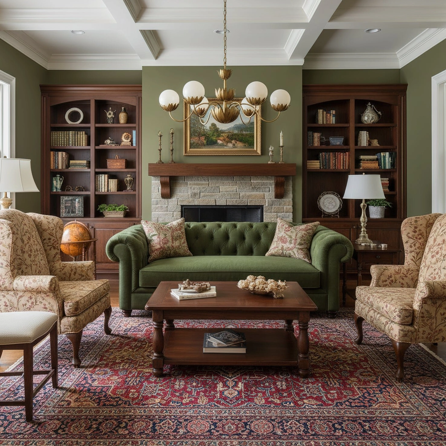 Noemie brass chandelier in cozy traditional living room with fireplace, wide angle shot of warm vintage interior
