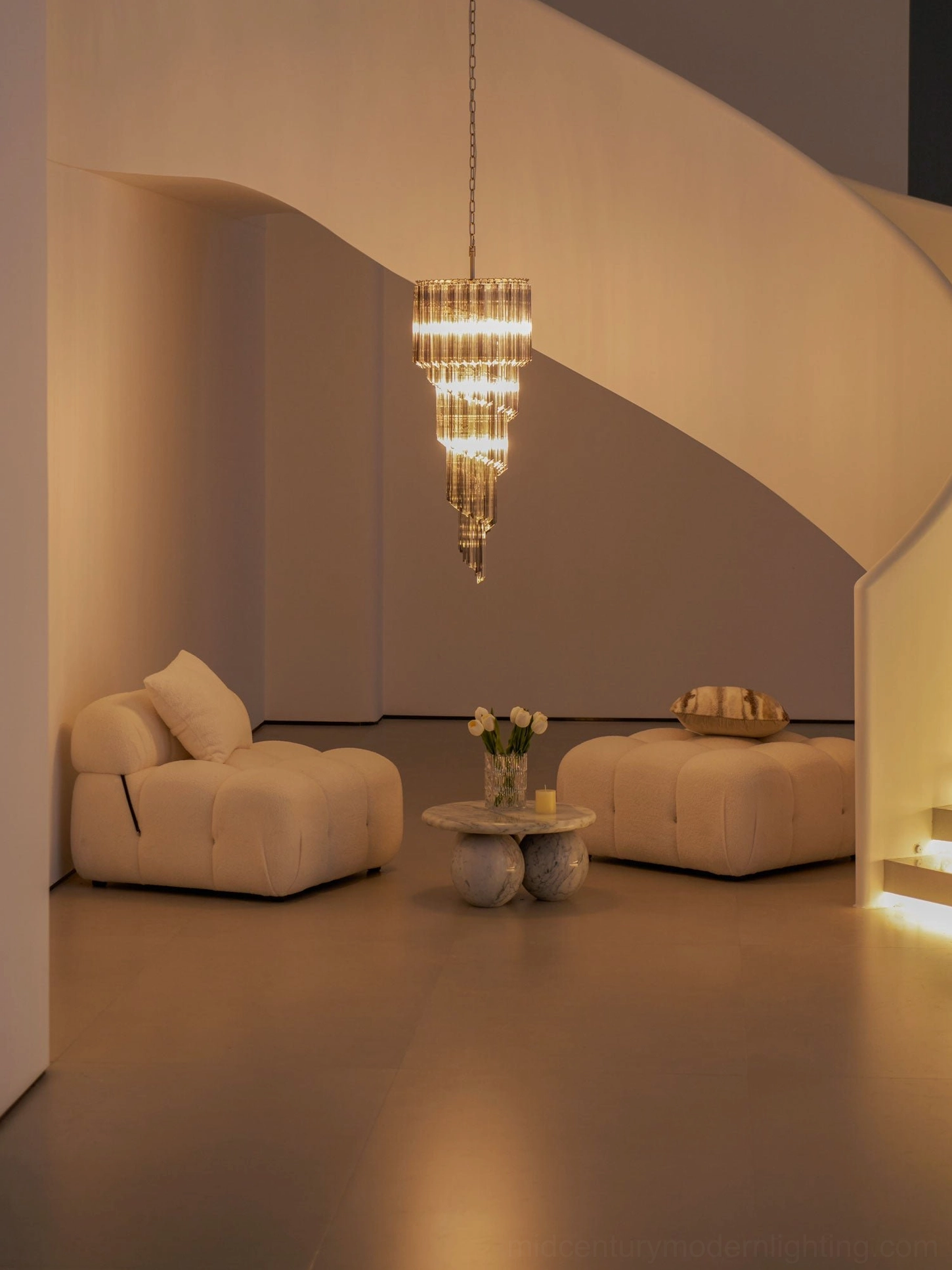 Modern spiral cascade chandelier showing smoke gray glass tiers in contemporary design context