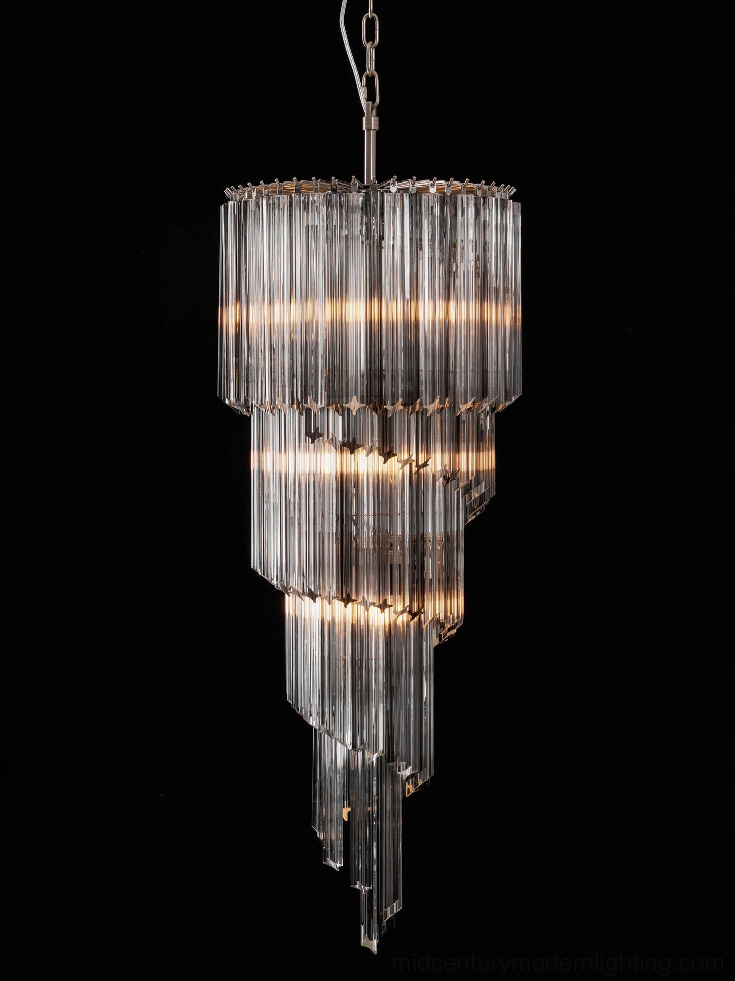 Smoked glass spiral chandelier overhead view, showcasing tiered geometric design pattern